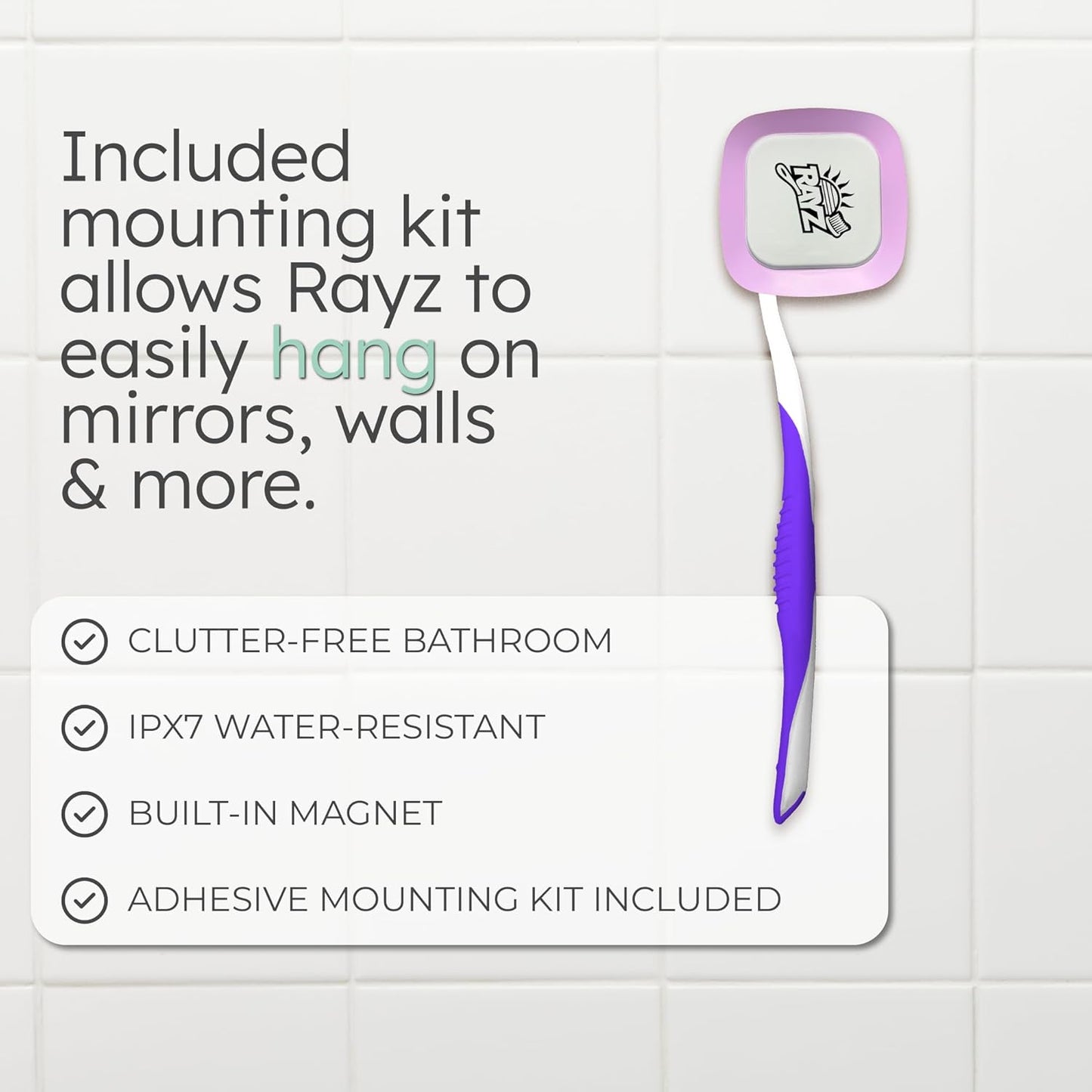Rayz UV-C Toothbrush Sanitizer | Portable & Rechargeable | 99.9% Sanitization in 3 Minutes | Wall Mountable, Travel-Friendly & TSA-Approved (Lavender)