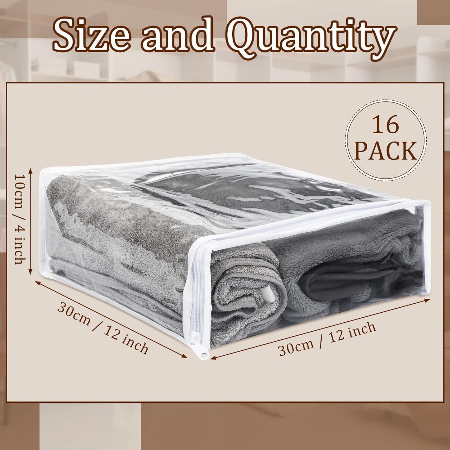 Kingdder 16 Pcs Clear Zippered Storage Bags Plastic Sweater Bags with Zipper 12 x 12 x 4 Inch Vinyl Sheet Organizer and Storage for Clothing Blankets Sheet Linen Bed Pillow Cube Organizer