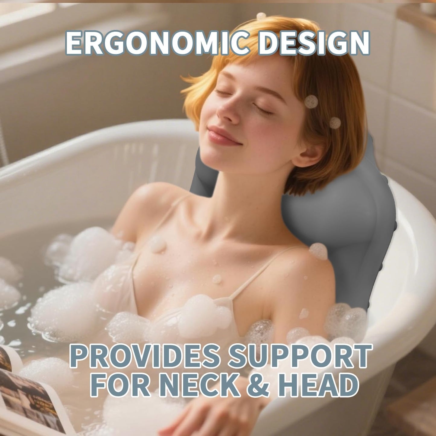 Silicone Bath Pillow for Tub – Ergonomic Bathtub Headrest with Inflatable Air Cushion, Non-Slip Suction Cups & Neck/Back Support – Comfortable Spa Bath Accessory for Relaxation (Grey)