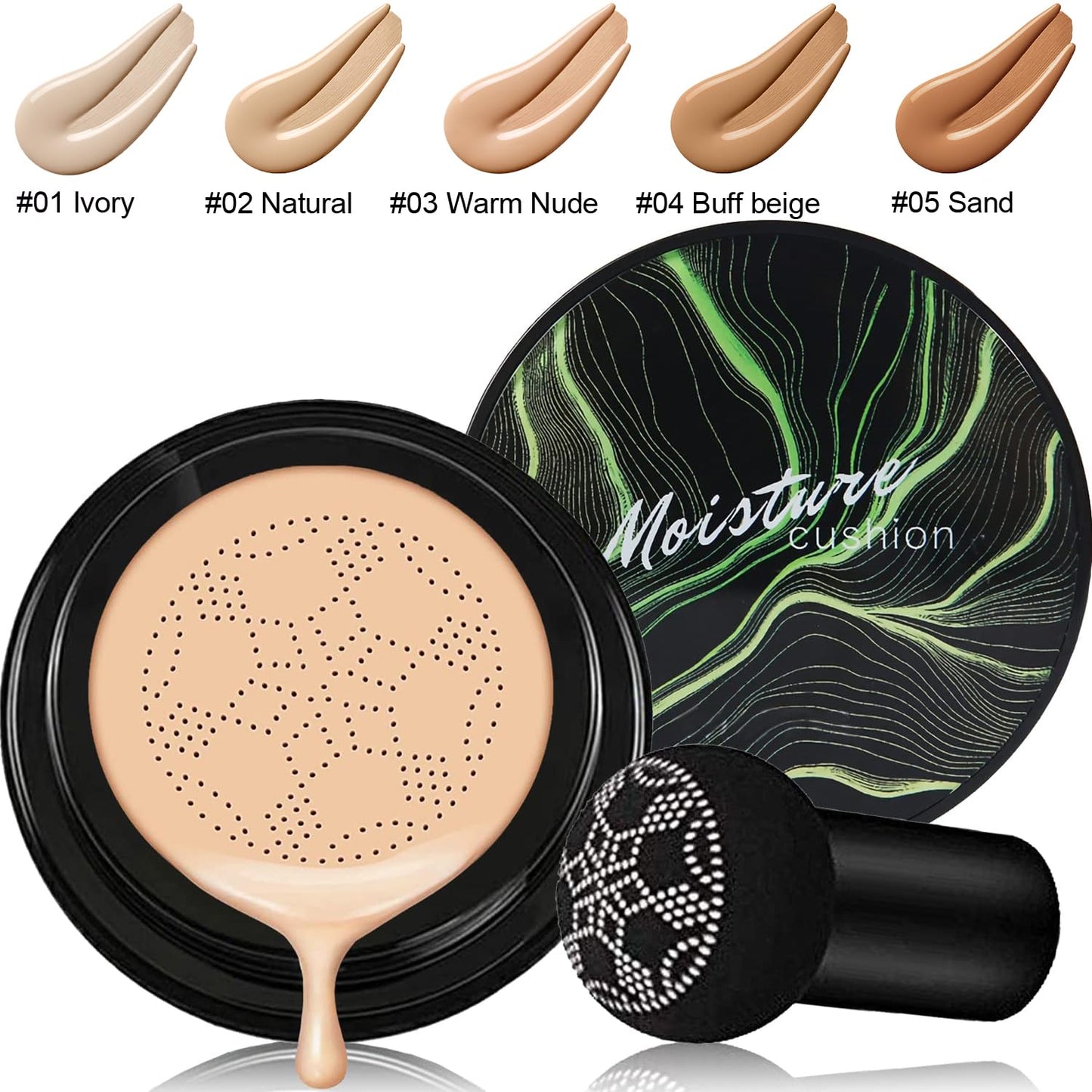 Mushroom Head Air Cushion CC Cream Natural Foundation,Phoera Powder, Bright Makeup Base Long Lasting with Makeup Sponge and Flat Top Kabuki Foundation Brush (#05 Sand)