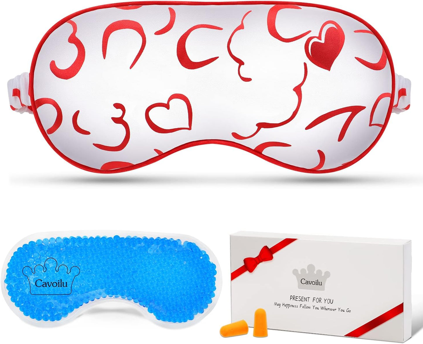 Sleep Mask w/Cooling Gel Eye Mask, Silk Eye Mask for Sleeping, Hot & Cold Eye Masks, Blindfold Reusable Eye Cover Sleeping Mask for Home Office Travel, Gifts for Women (Red Heart)