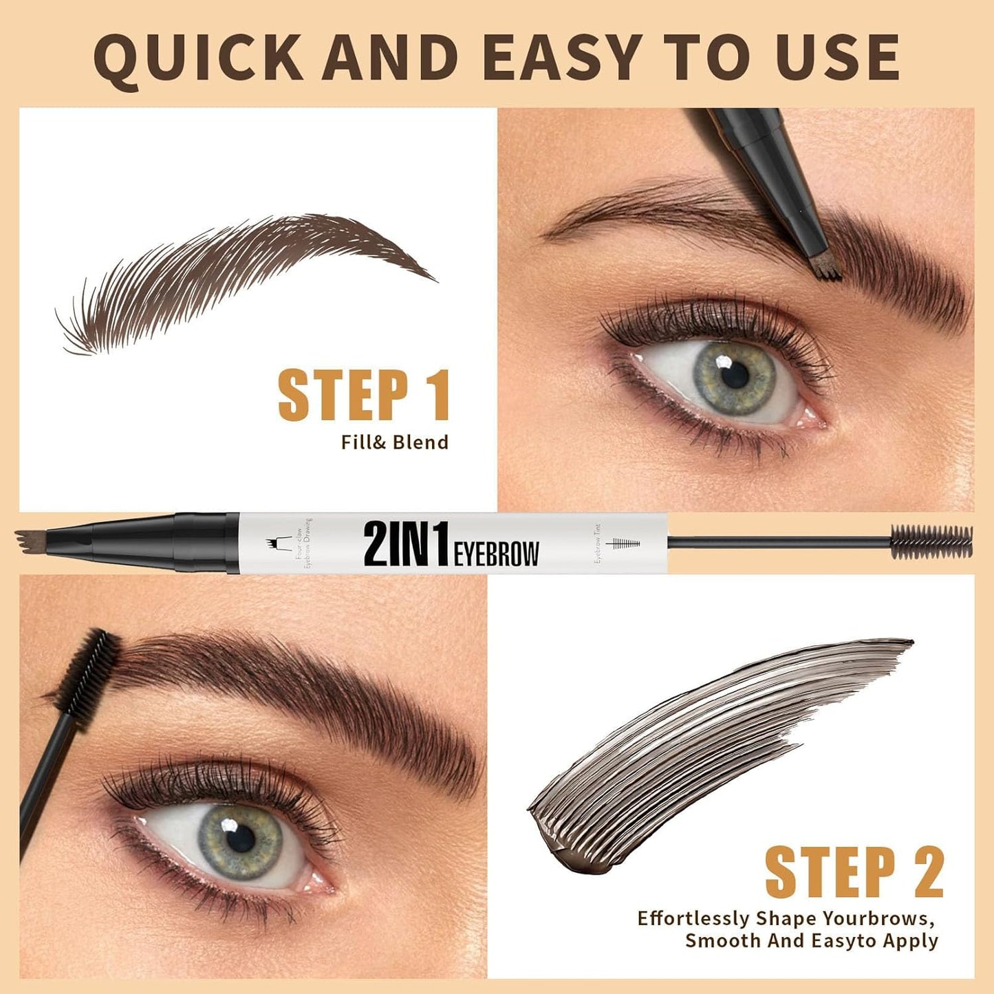4-Fork Tip Microblading Eyebrow Pen - 2-in-1 Waterproof Eyebrow Pencil, Long-Lasting Natural Hair-Like Brows, Smudge-Proof & Easy to Use (With Tint 04#Black Brown)