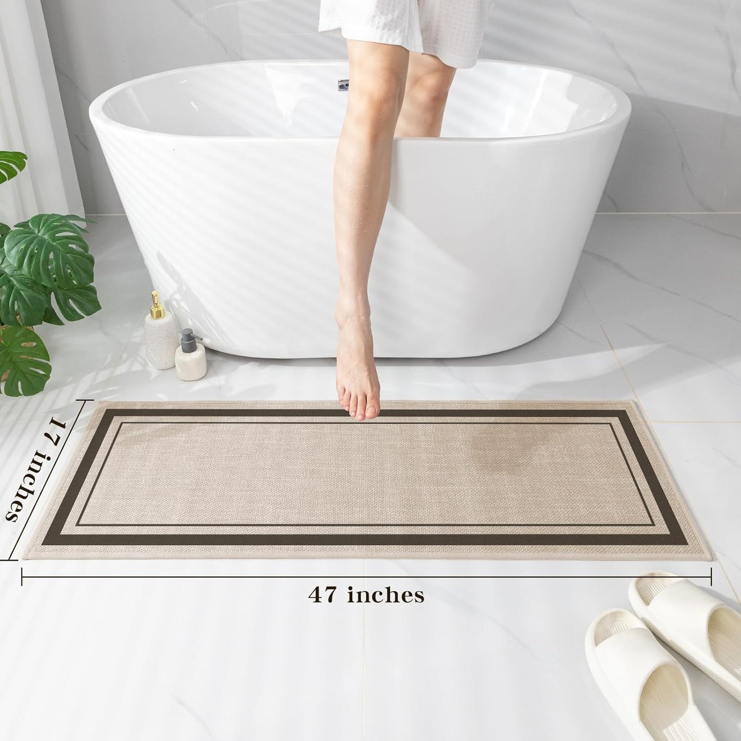 chakme Bathroom Rugs Mat 47x17, Ultra Thin Non Slip Bath Rug Runner Quick Dry Absorbent Bath Mat for Bathroom, (Light Beige, 47"x17")