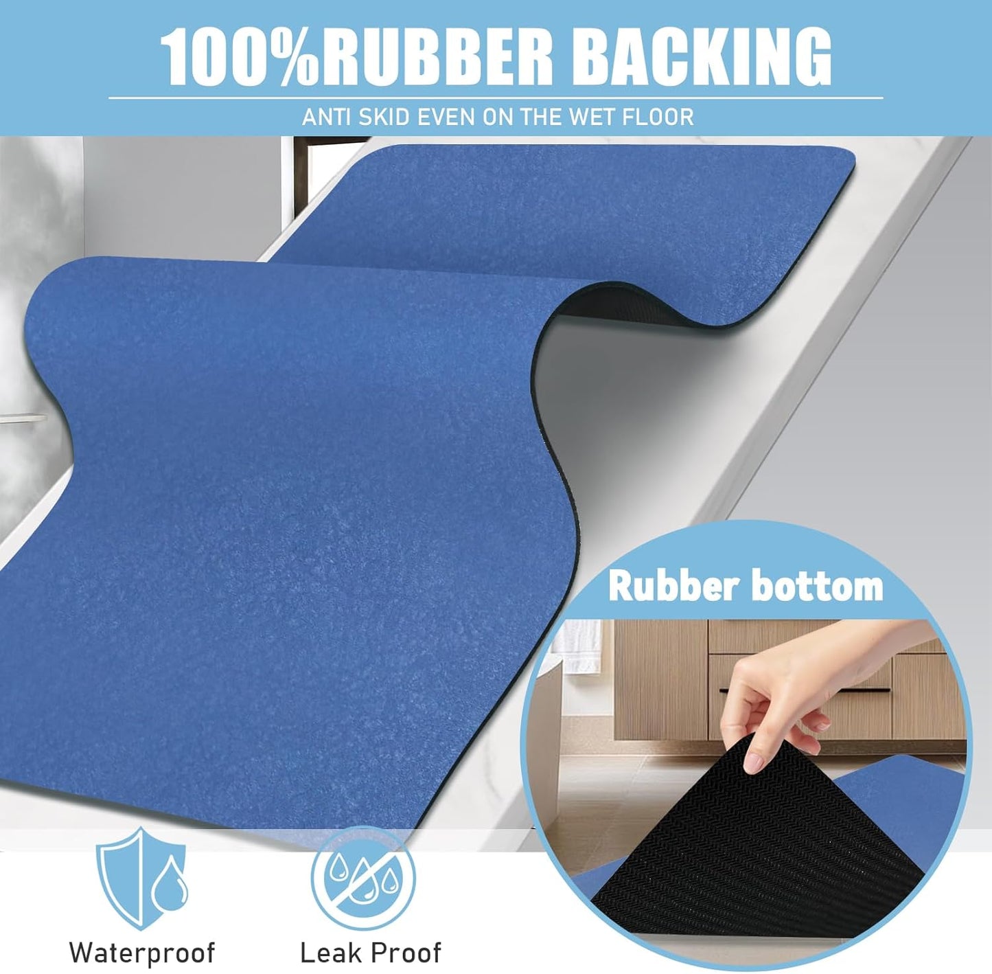 Diatomaceous Earth Bath mat Bathroom Rugs Super Absorbent Quick Dry Non Slip Bath Mat Thin Bathroom Floor Mats Fit Under Door-Shower Rug for in Front of Bathtub Shower, Blue, 15.7"*23.6"