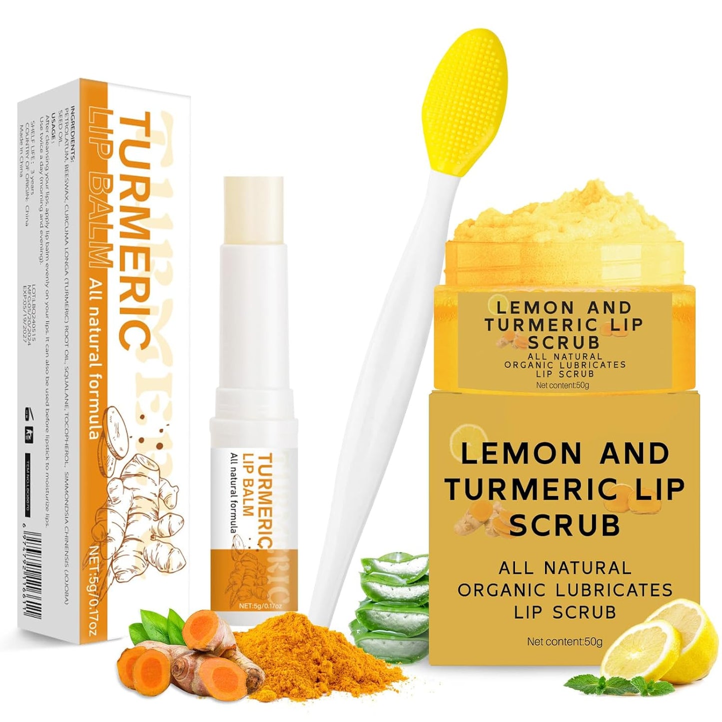 3PCS Turmeric Lemon Lip scrub and Turmeric Lip Balm with Brush Set, Lip Scrubber Exfoliator, Dark Lips Treatment for Smokers, Natural Exfoliator & Moisturizer Cracked, Dull, Reduce Fine Lines Lips
