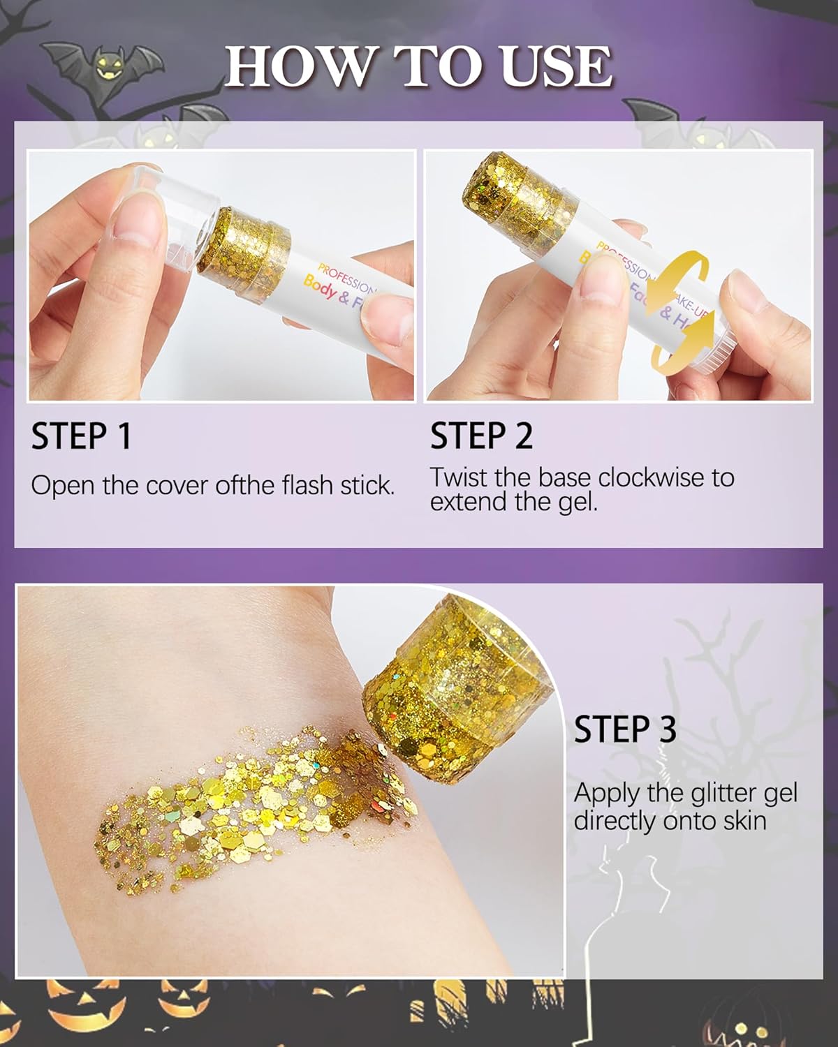 Body Glitter Stick, Waterproof Long Lasting Sparkling Face Shimmer Makeup, Singer Concerts Disco Music Halloween Festival Rave Accessories, Holographic Chunky Sequins Hair Stick,Gift for Women girl-14