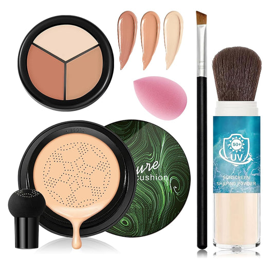 Natural Mushroom Head Air Cushion CC Cream & Loose Setting Face Powder Set,3-Color Concealer Palette with Makeup Sponge & Makeup Brush