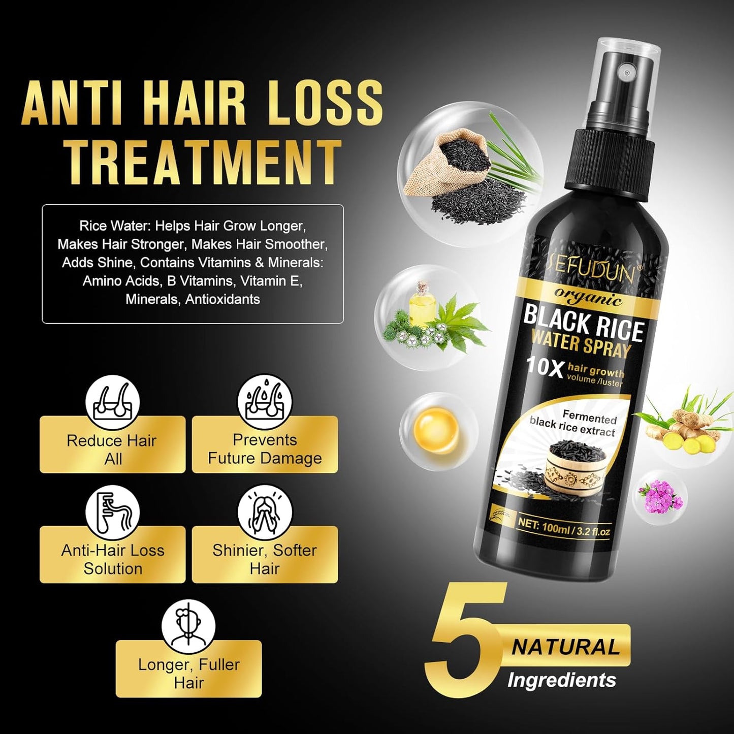 Organic Black Rice Water Spray for Hair Growth, A Solution with Castor Oil & Ginger Root Extract for Thicker, Fuller Hair, Targets Hair Loss and Repairs Damage 200ml/6.4 fl.oz (2 PC)