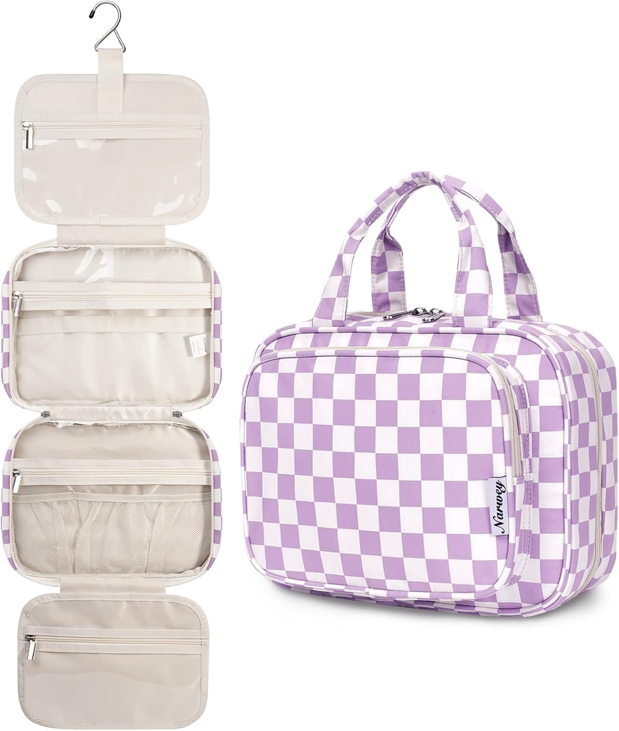 Narwey Hanging Toiletry Bag for Women Travel Makeup Bag Organizer Toiletries Bag for Travel Size Essentials Accessories Cosmetics (Purple Checkerboard (Medium))