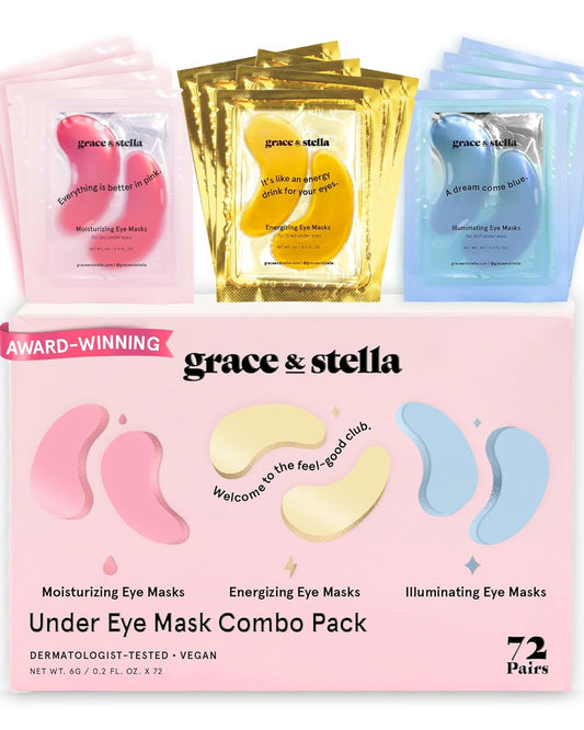 Under Eye Mask - Reduce Dark Circles, Puffy Eyes, Undereye Bags, Wrinkles - Gel Under Eye Patches, Vegan Cruelty-Free Self Care by grace and stella (72 Pairs, GoldPinkBlue)24 Pair (Pack of 3)