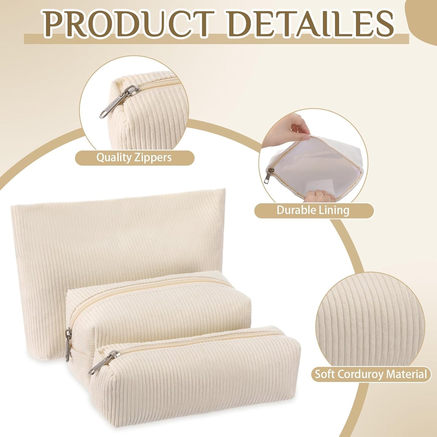 3 Pcs Makeup Bag Set for Women Corduroy Cosmetic Pouch Aesthetic Smile Travel Toiletry Bag Cute Purse Pouch Pencil Case Makeup Brushes Storage Organizer for Christmas(White,Solid Style)