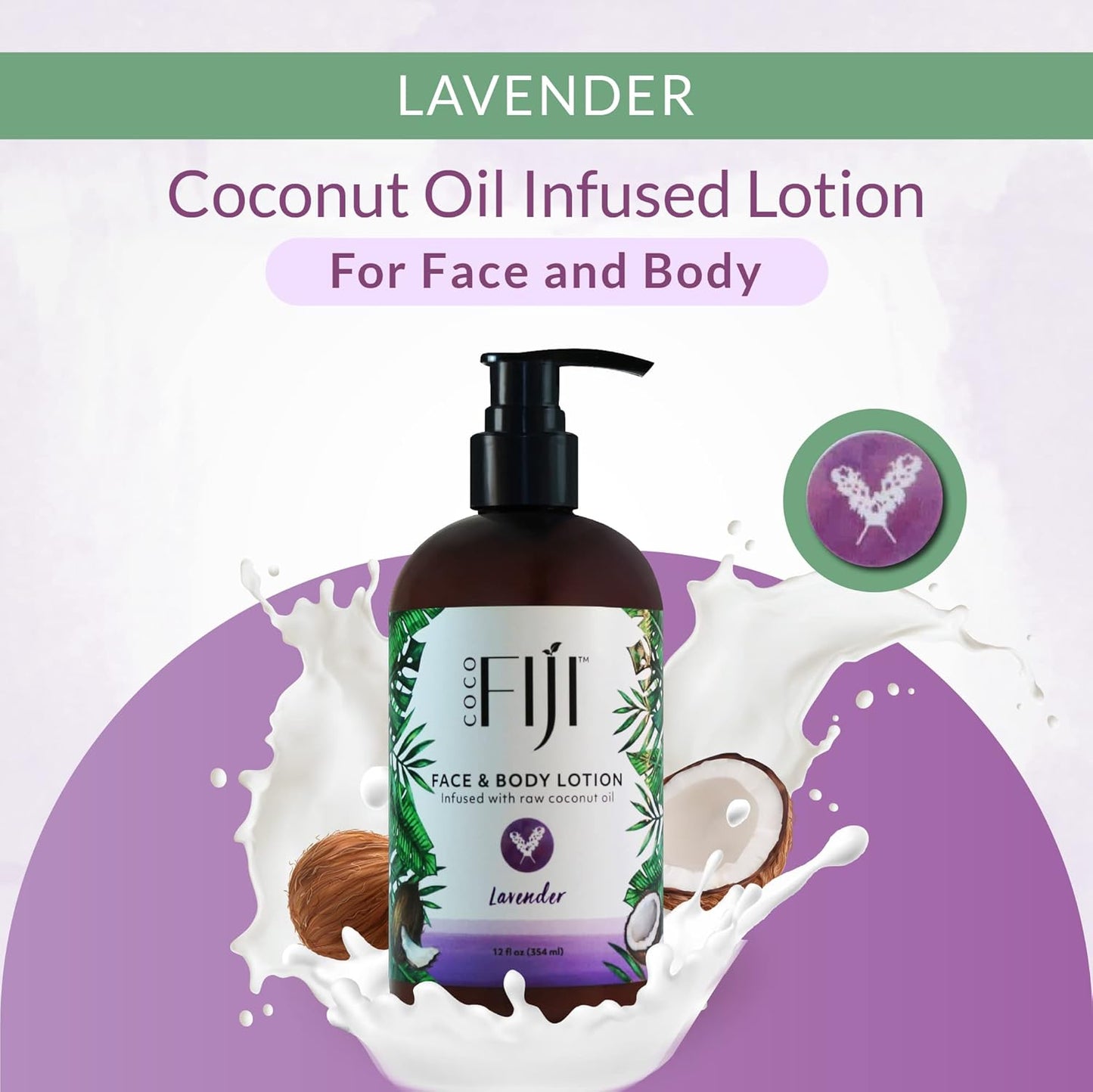 Coco Fiji Face & Body Lotion Infused With Coconut Oil | Lotion for Dry Skin | Moisturizer Face Cream & Massage Lotion for Women & Men |Lavender 12 ozPack of 3