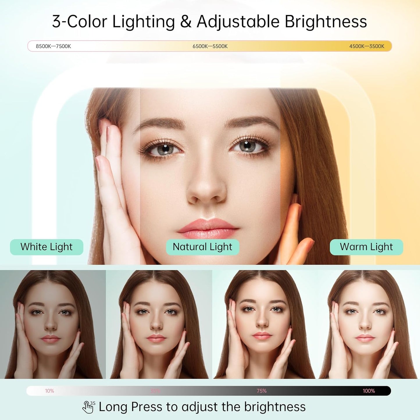 FASCINATE 10X Magnification Rechargeable Travel Makeup Mirror, Lighted Portable Vanity Mirror with 3 Colors Lighting & Stepless Dimming, Double Sided LED Mirror, Gift for Women (White+Bag)