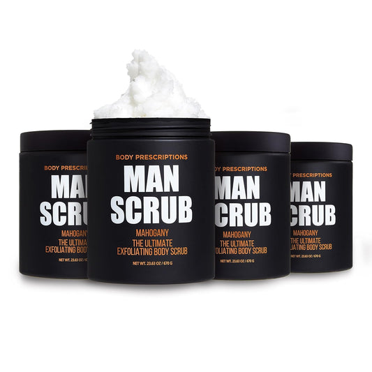 Body Prescriptions Men’s Exfoliating Body Scrub – Ultimate Skin Cleansing Wash in Jar with Twist-Top Lid, For All Skin Types, 21 Ounce (Pack of 4), Mahogany
