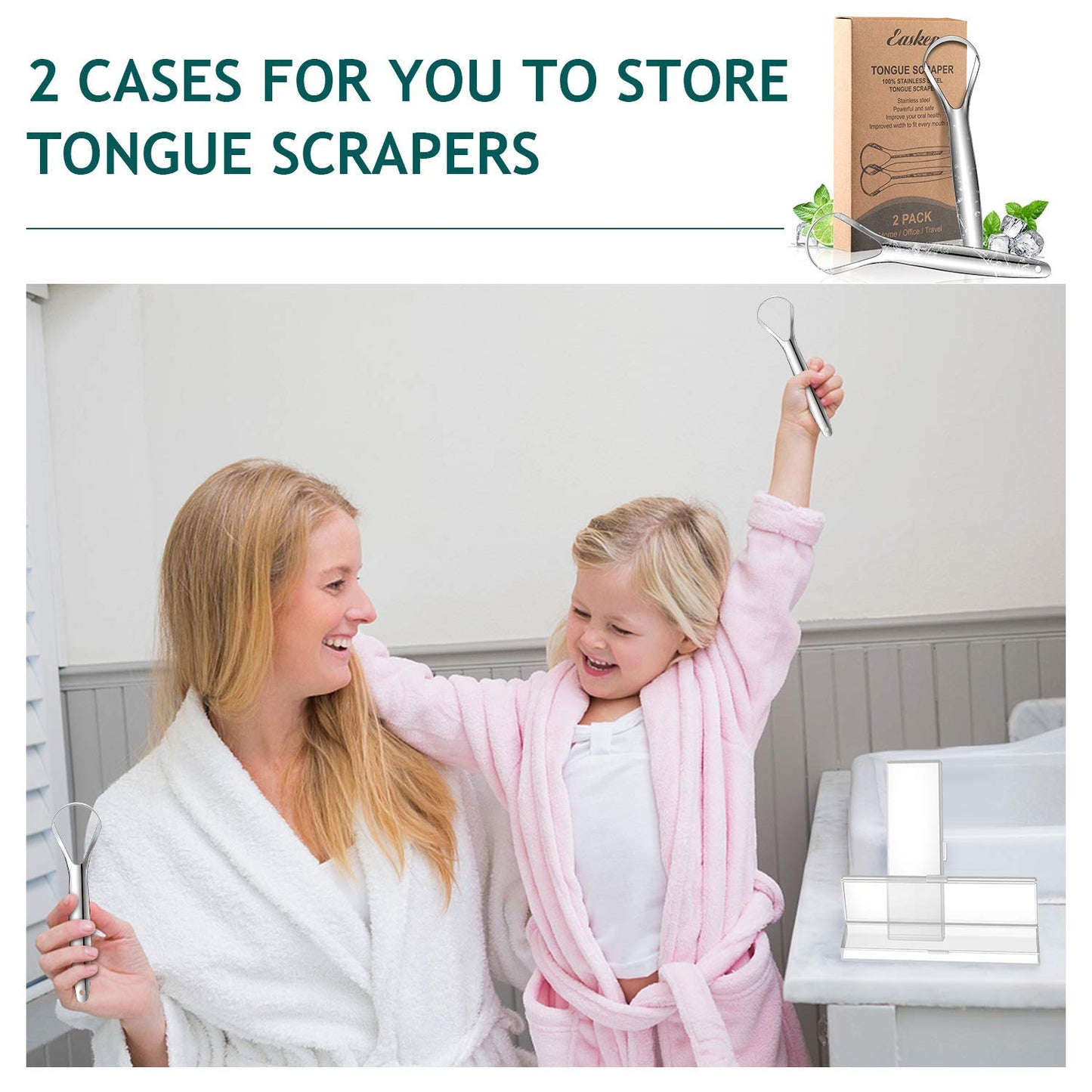Tongue Scraper (2 Pack), Wide-head Tongue Cleaner with Nice Carrying Box, Easkep 100% Stainless Steel Tongue Scrapers Cleaners, for Men, Women, Adults, Kids，Silver
