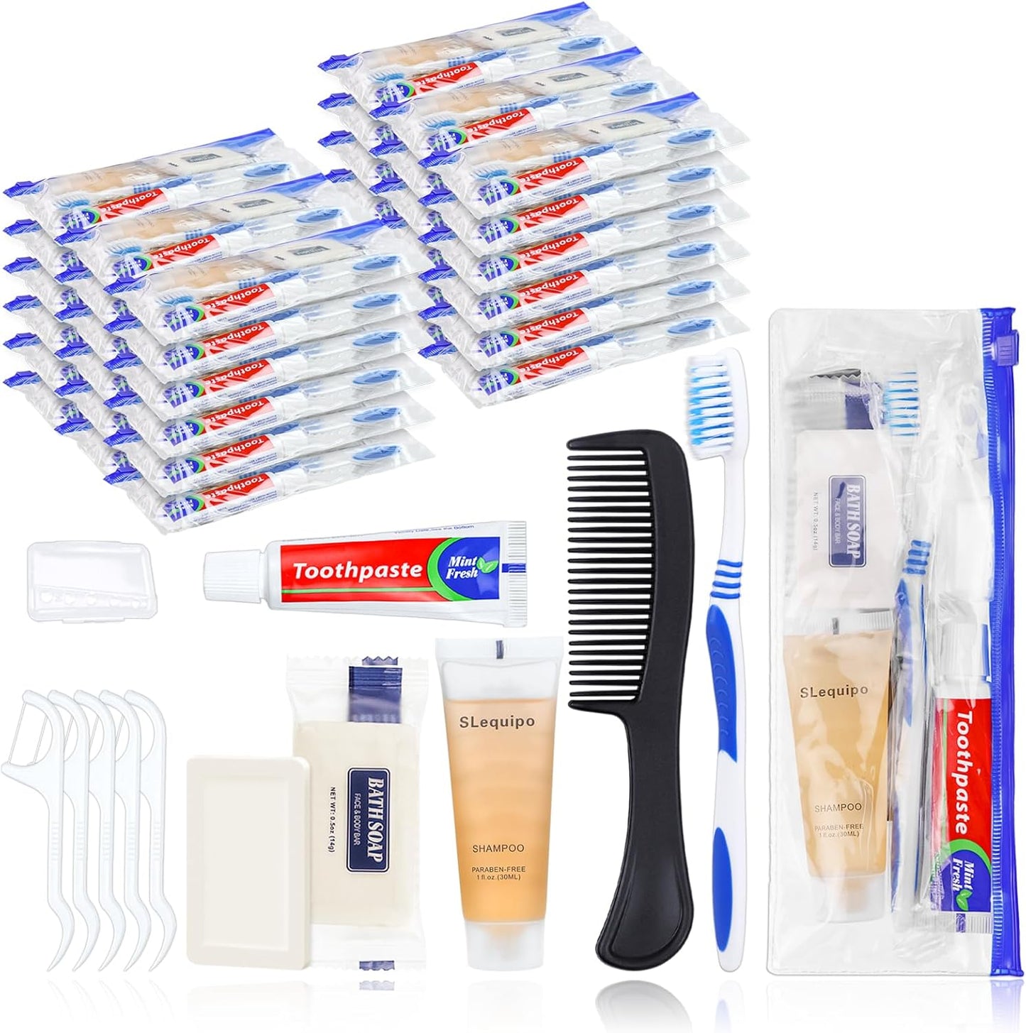 Pack of 50 Hygiene Kit, Hygiene Kit Bulk, Individually Packed, Travel Hygiene Kit with Toothbrush, Toothpaste, Comb, Shampoo, Soap and Floss Picks, Home, Suitable for Hotel, Camping, Travel