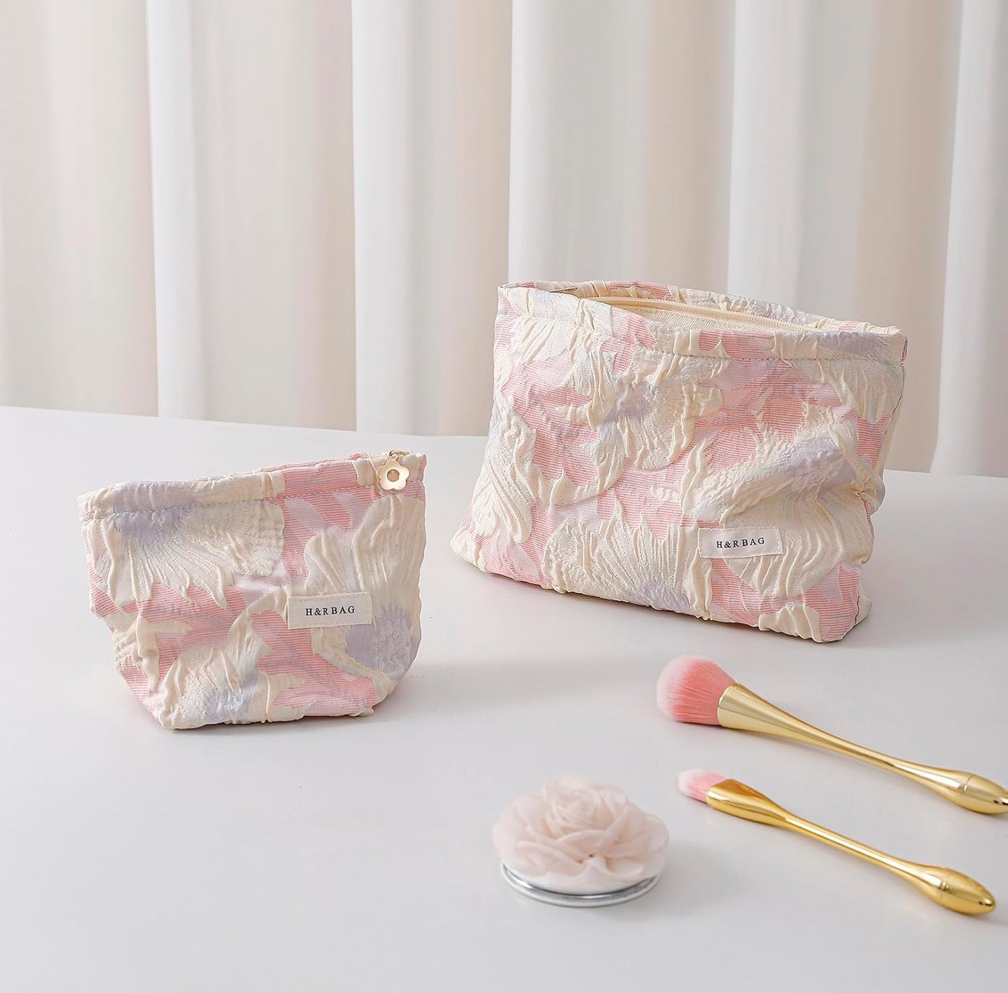 2 Pcs Makeup Bags, Large Cosmetic Bag Travel Toiletry Bag Organizer for Women, Embroidery Craft, Floral Makeup Bag Small Cosmetic Pouch Purse with Zipper Gifts for Girls Teen