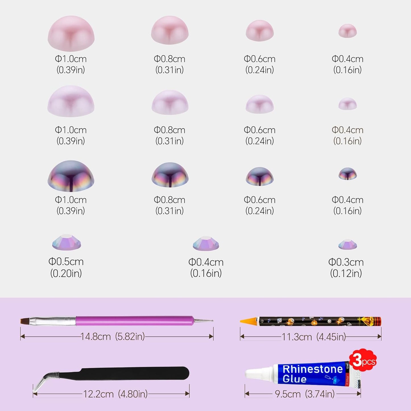 60g Light Amethyst Pearls Rhinestones for Crafts Mixed Size 3mm-10mm AB Color Round Half Pearls Flatback Pearl Beads and Resin Rhinestones Set for Face Art with Gel Gel