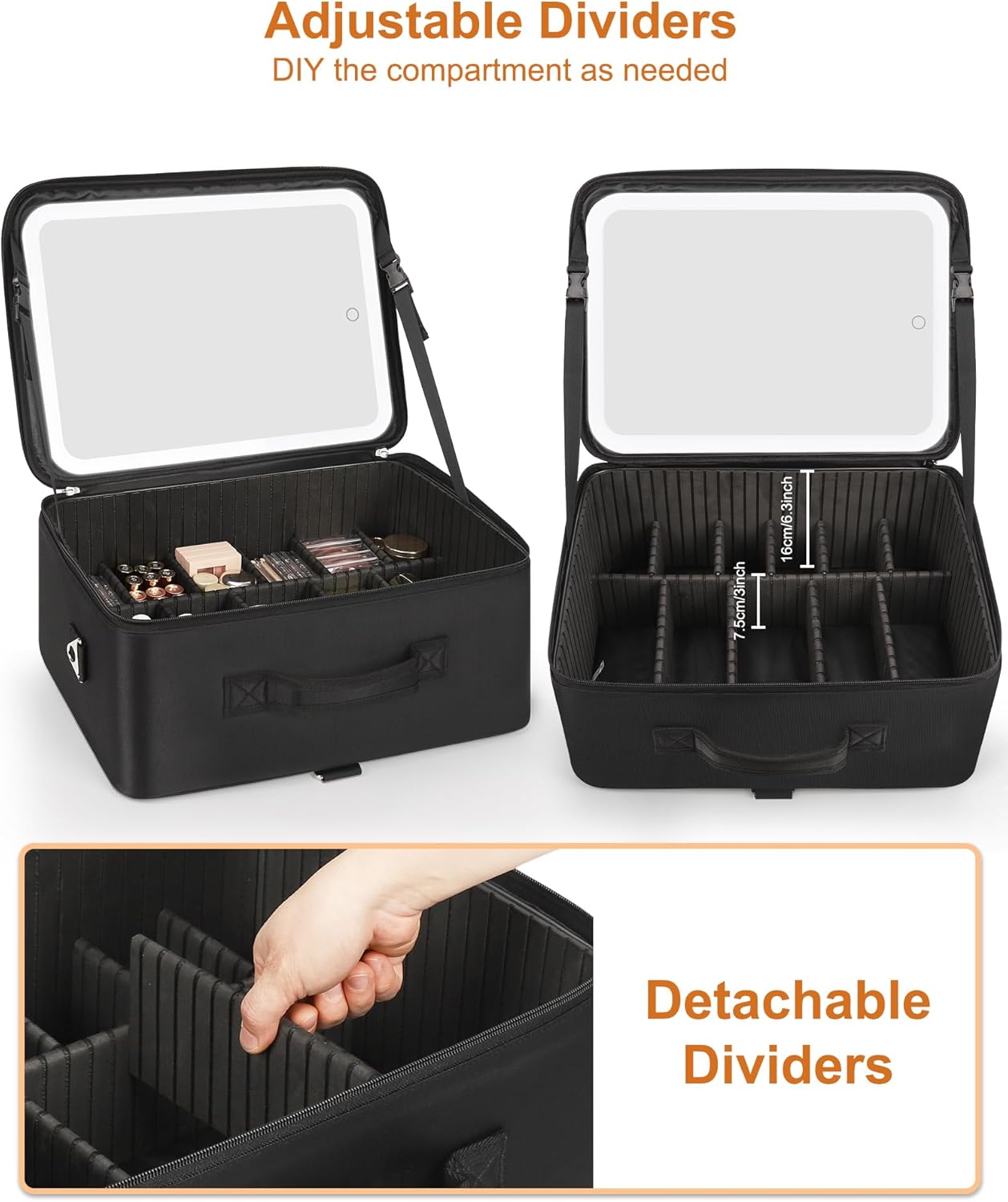 Relavel Extra Large Cosmetic Bag with LED Mirror, Train Makeup Case with Adjustable Dividers and 4 Removable Pouches, Hair Supplies Organizer, Portable Cosmetic Organizer Bag for Makeup Artists