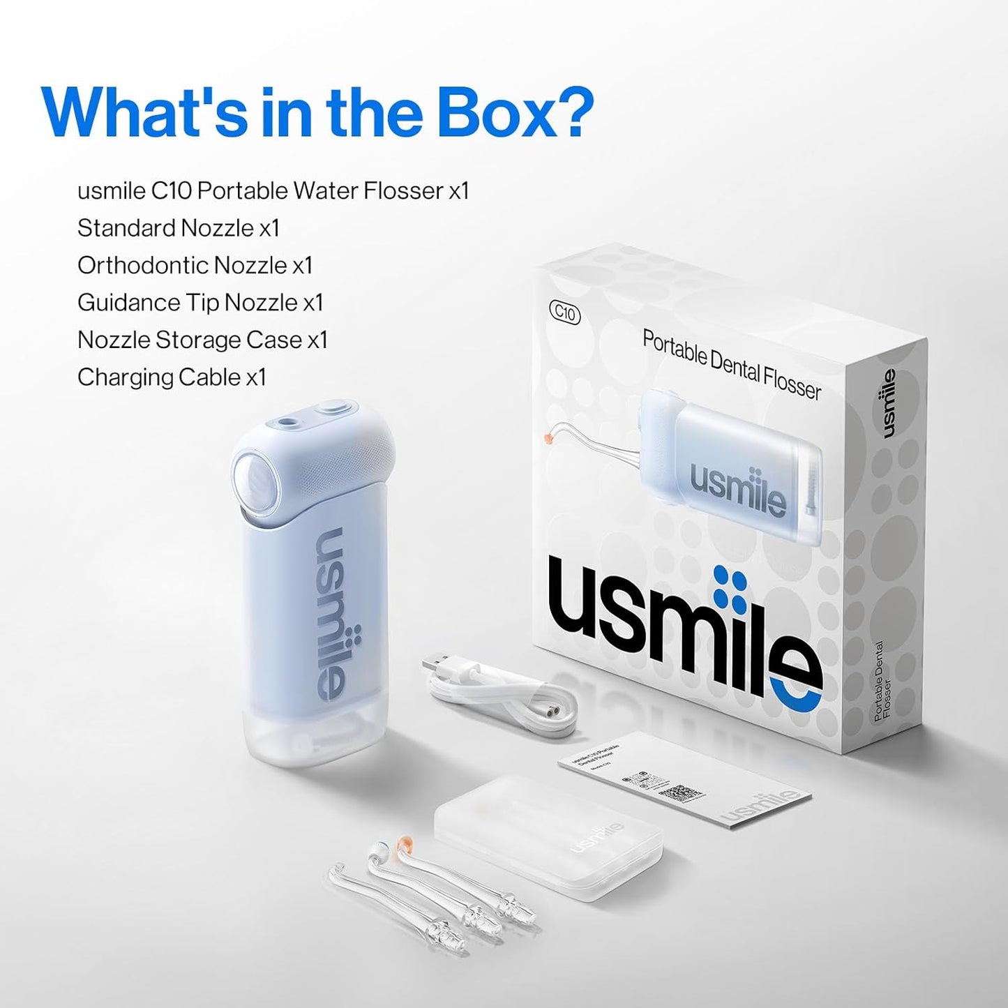 usmile C10 Portable Water Flosser – Travel-Friendly, 95-Day Battery, 4 Modes, 360° Nozzle, 180ml Tank, IPX7 Waterproof, Dentist-Recommended for Braces, Implants & Sensitive Gums (Blue)