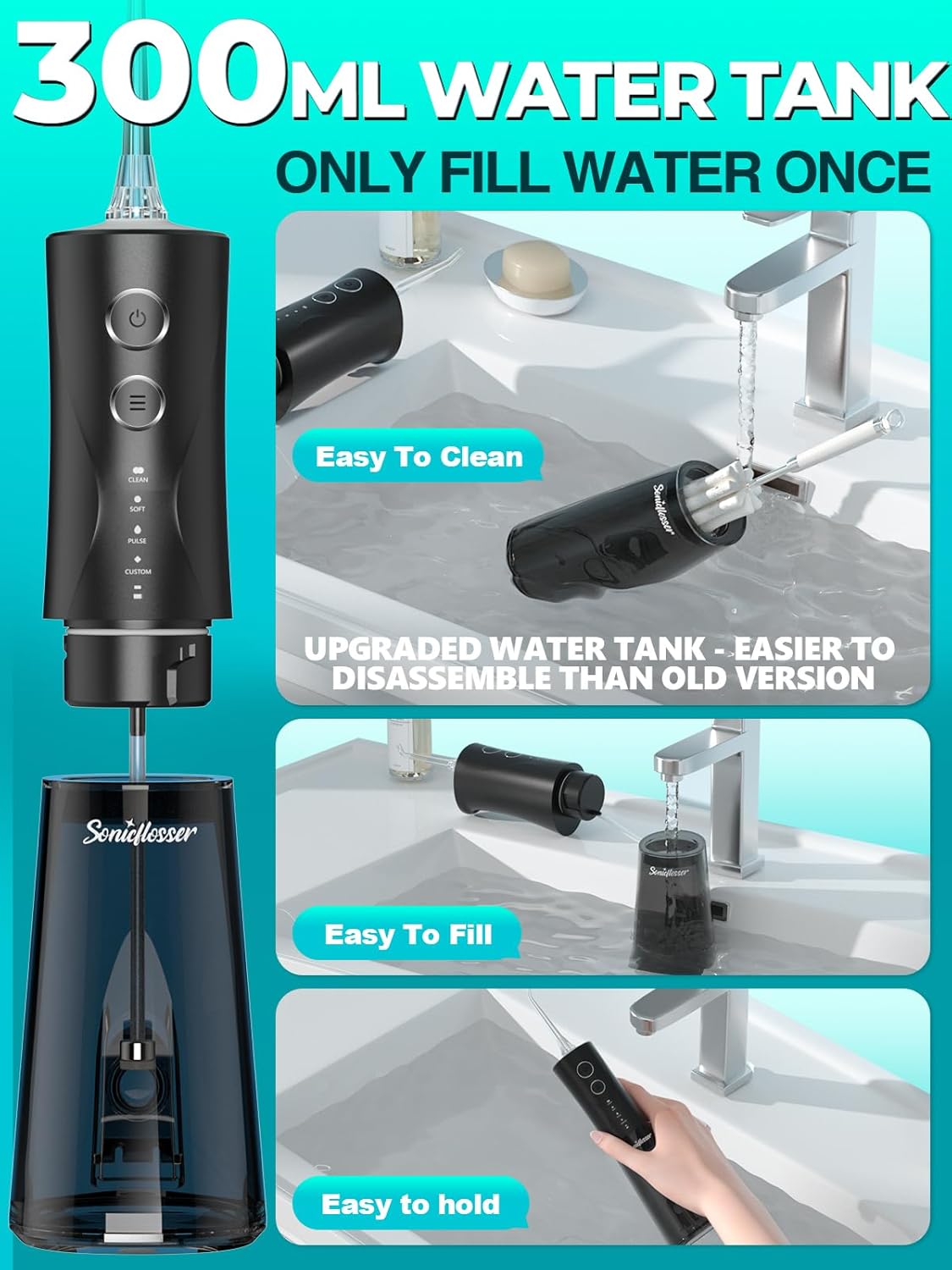 Portable Water Flosser for Teeth Pick - Cordless Electric Oral Irrigator for Adults & Sensitive Gums 300ML Braces Cleaning 5 Jet Tips, IPX7 Waterproof for Travel, Rechargeable BPA-Free 4 Modes