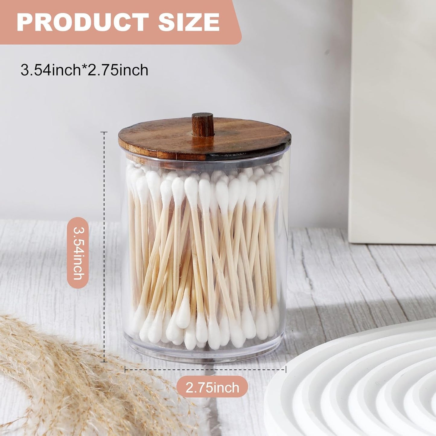 4 Pack Qtip Holder Dispenser with Wood Lids - 10 oz Clear Plastic Apothecary Jar Containers for Vanity Makeup Organizer Storage - Bathroom Accessories Set for Cotton Swab,Pads, Ball, Floss