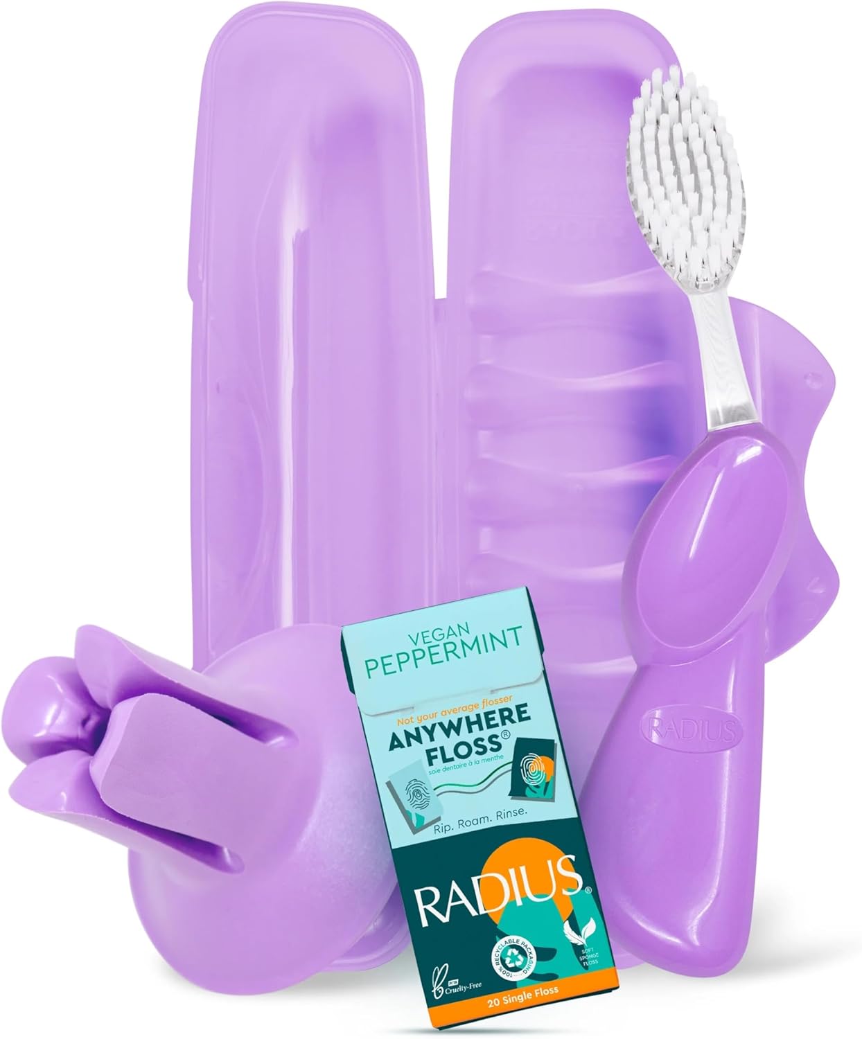 RADIUS Vacation Pastel Bundle, Includes Left Handed Big Brush with Replaceable Head, Toothbrush Travel Case, DOC Toothbrush Holder, Anywhere Travel Floss Packette, Lavender Purple, 4 Piece Bundle