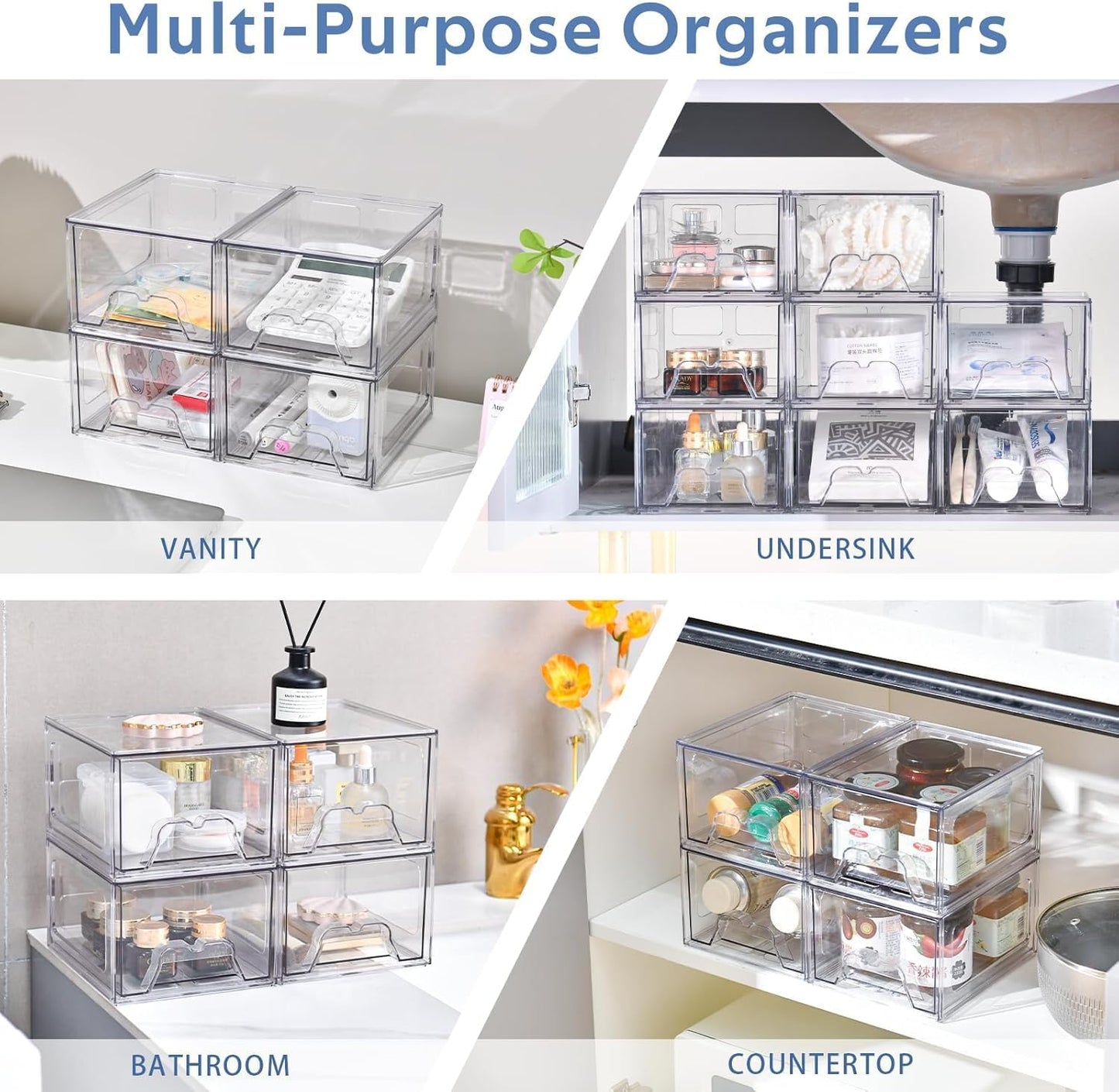 Plastic Drawers Storage, 4 Pack Clear Stackable Storage Drawers, Acrylic Storage Bins with Drawers for Fridge Organizers, Small PlasticDrawers Stackable for Makeup Organizers Cosmetic Display