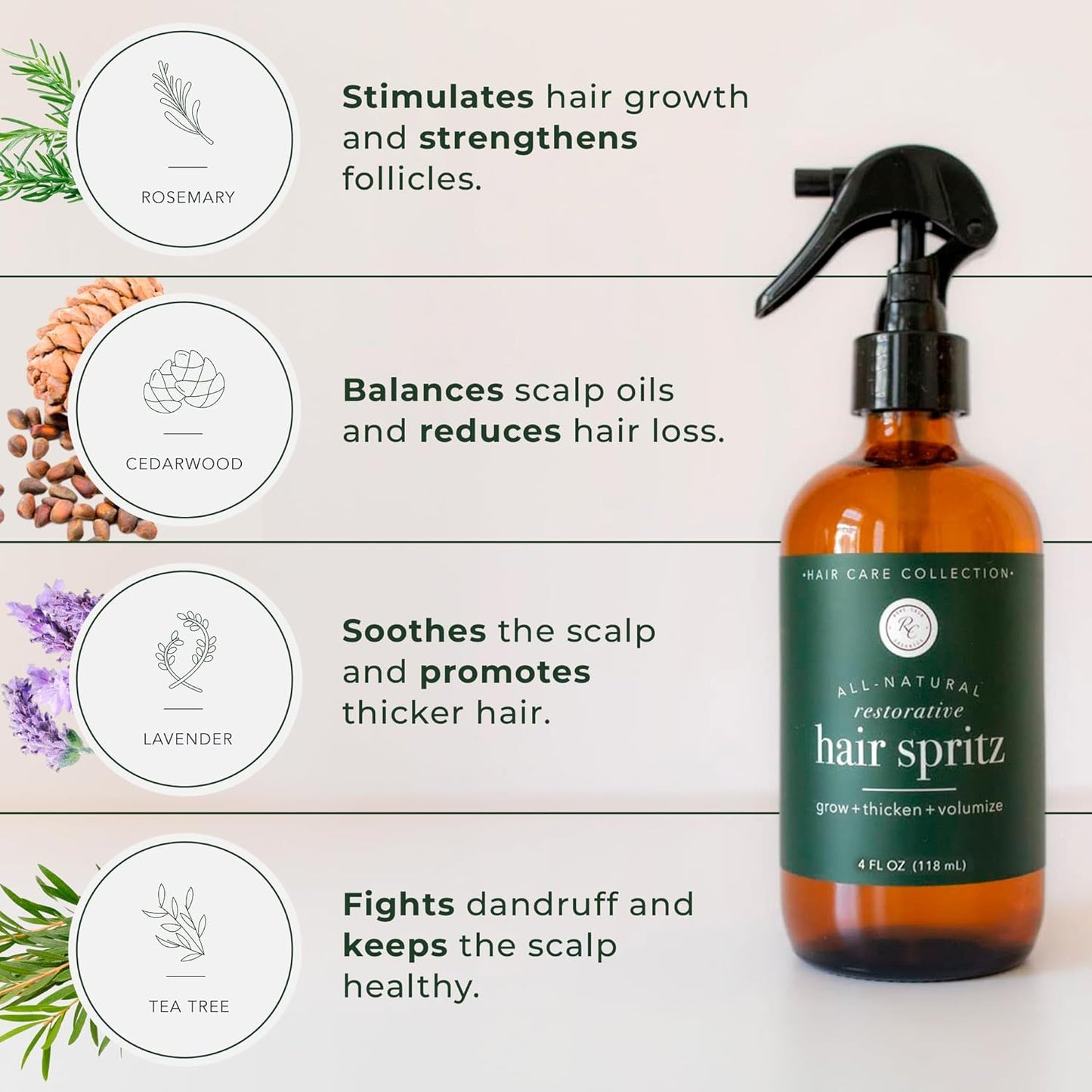 Rowe Casa Organics Natural Restorative Hair Spritz with Witch Hazel & Therapeutic Essential Oils, Hand-Crafted Hair Volumizer, Thickener, & Growth Booster, 4 Fl. Oz.