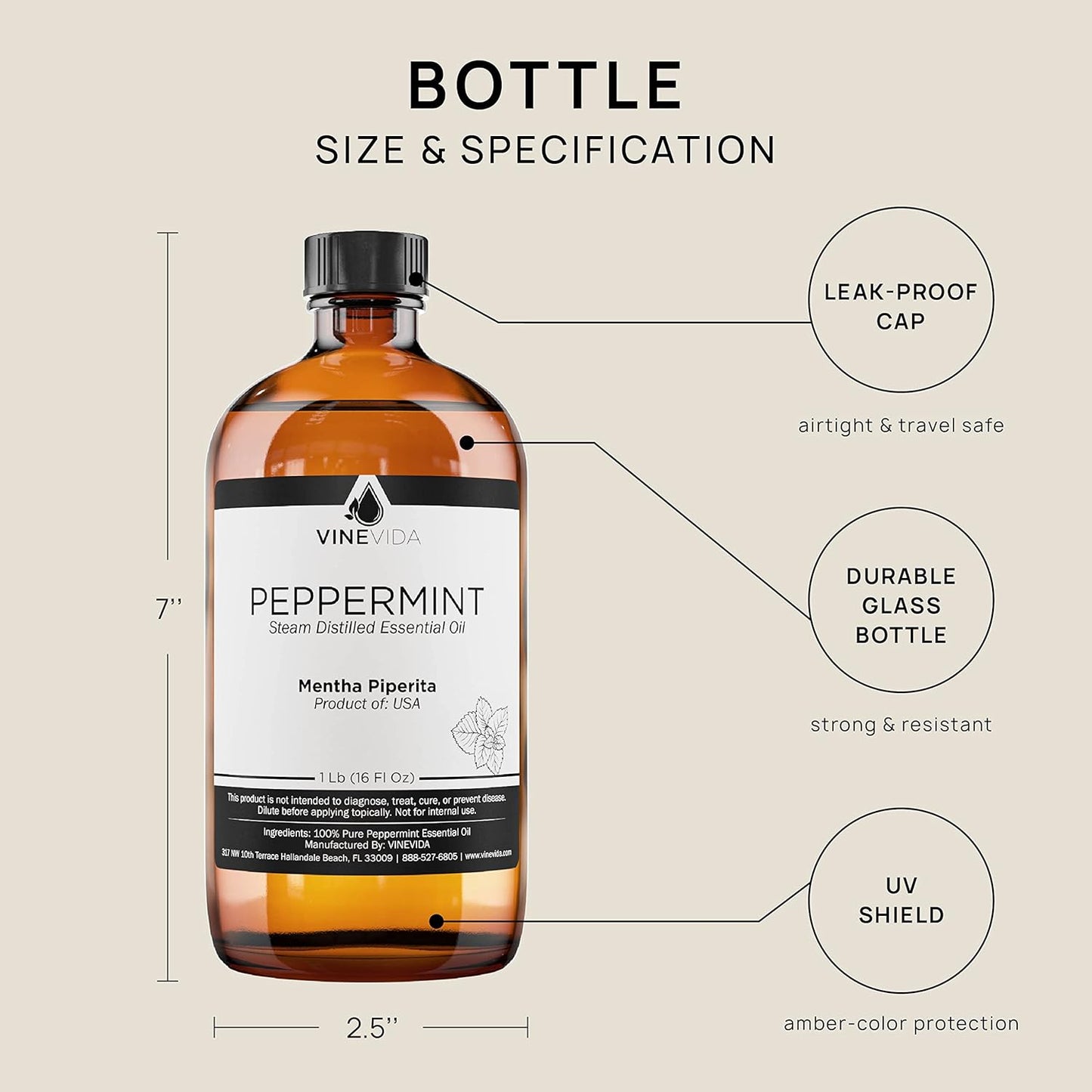 VINEVIDA Peppermint Essential Oil - 16 oz - Undiluted - DIY Candle Scents - Bulk for Soap Making & Skin Safe