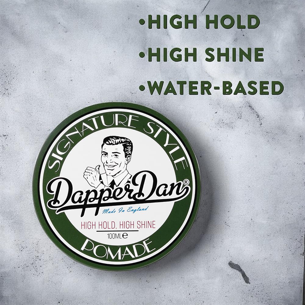 Dapper Dan Signature Pomade, High Shine and Hold for Classic Styles, Water Based for All Hair Types, Bergamot and Leather Fragrance, 100ml