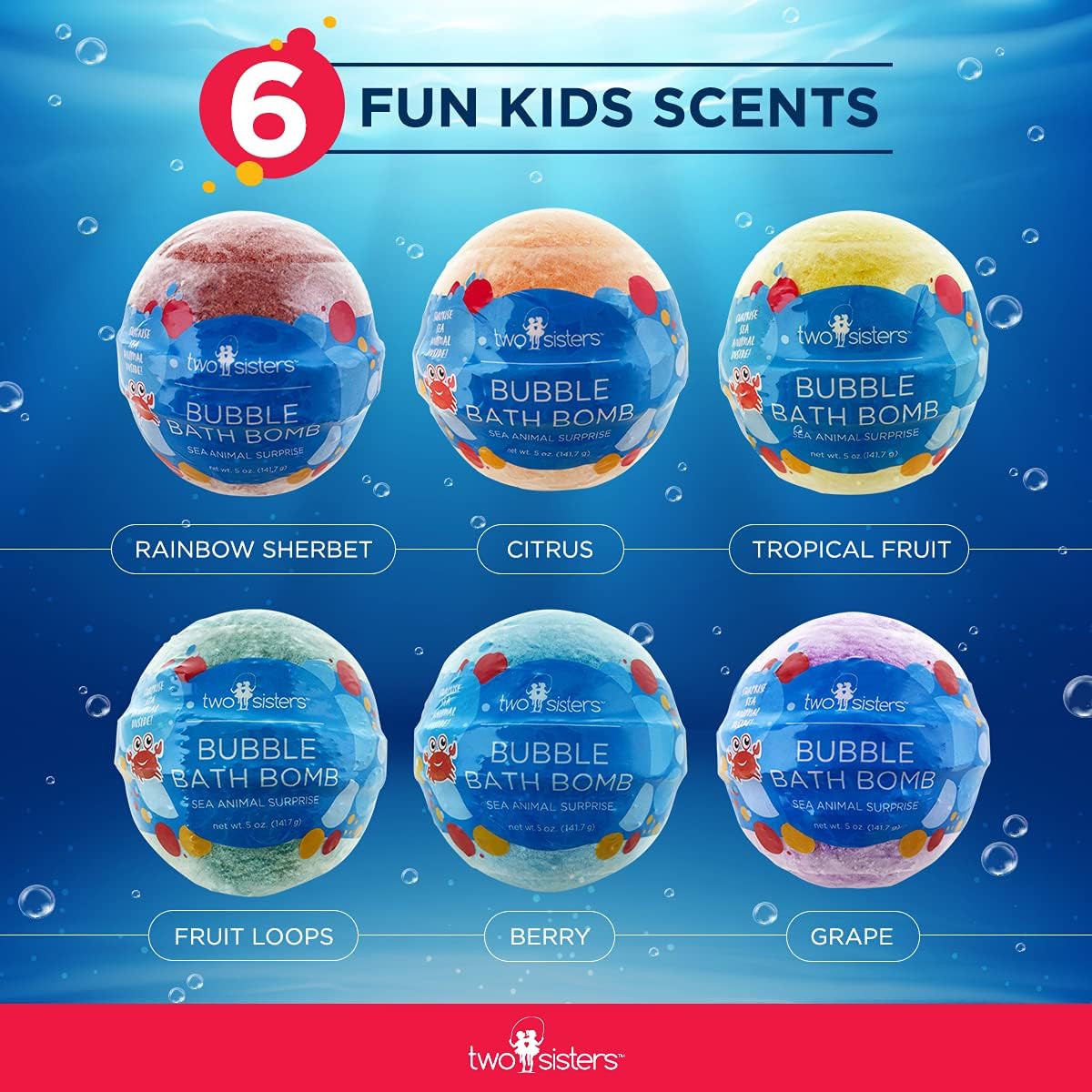 Sea Animal Bath Bombs for Kids with Surprise Toys Inside (6 Pack) - Bubble Bomb Stocking for Girls and Boys, Gentle and Safe Ingredients, USA Made, Ideal Gift for Children & Teens by Two Sisters