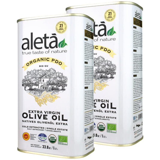 Aleta, Organic & PDO Extra Virgin Olive Oil, 2025 Gold Award, Certified Single Estate, Crete Greece, First-Cold Press, 1 Lt (33.8 oz.) Tin, Pack of 2