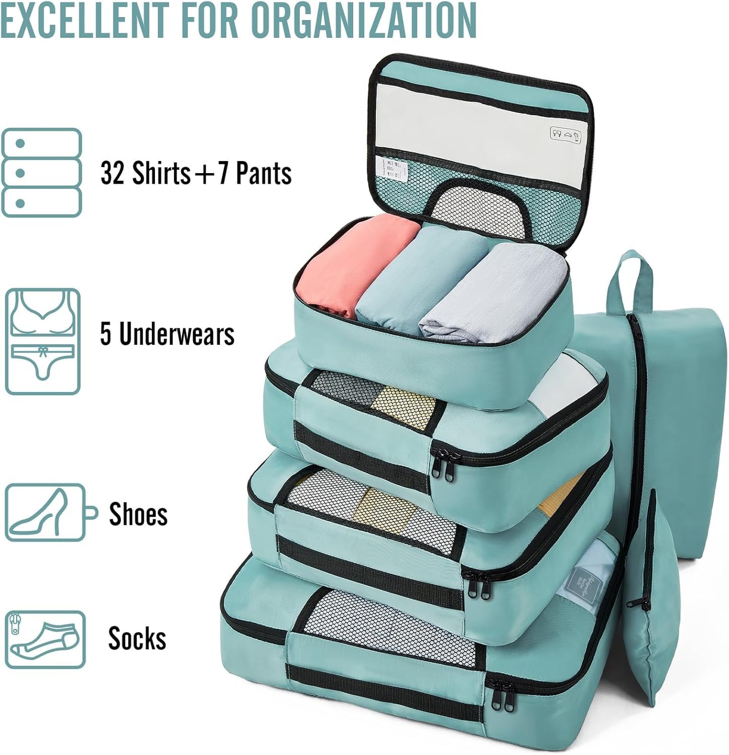 Veken 8 Set Packing Cubes for Travel Essentials, Suitcase Organizer Bags in 4 Sizes, Carry-On Luggage Accessories with Large Laundry & Hanging Toiletry Bag, Must-Have for Airplane, Road Trip & Camping