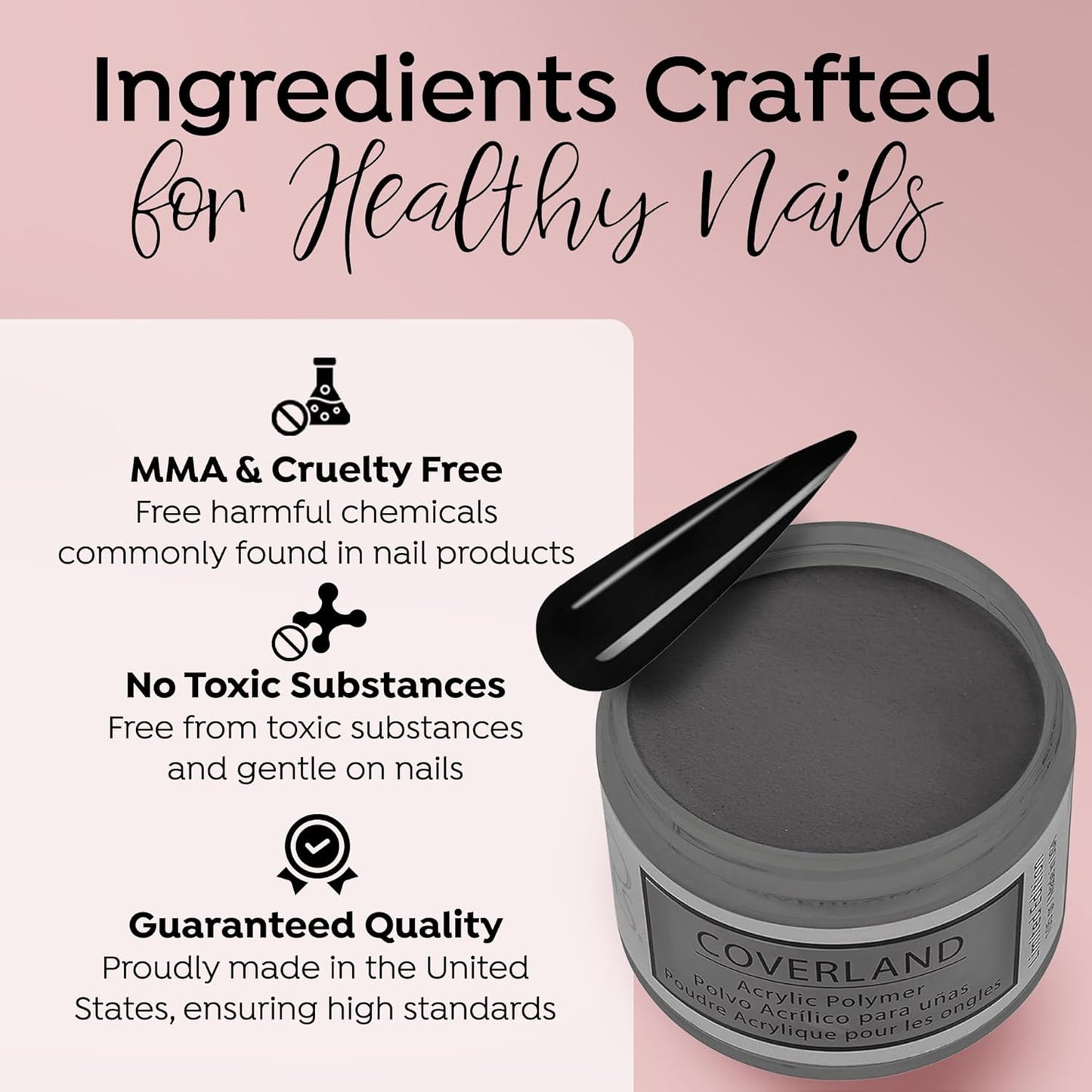 Tones Coverland Acrylic Powder | Pure Black | 1.5 Oz | Limited Edition for Nail Design | Sculpting | Masking Bed Imperfections | Professional Supplies