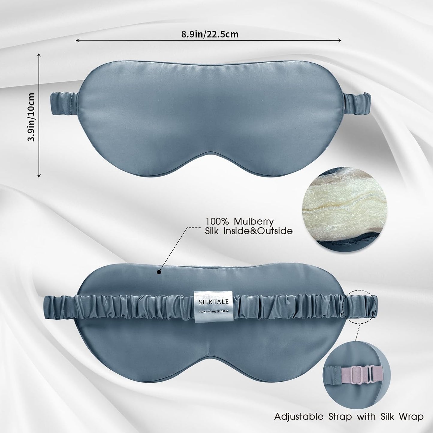 Mulberry Silk Blackout Adjustable Sleep Eye Mask for Men/Women Travel Plane,Ash Blue