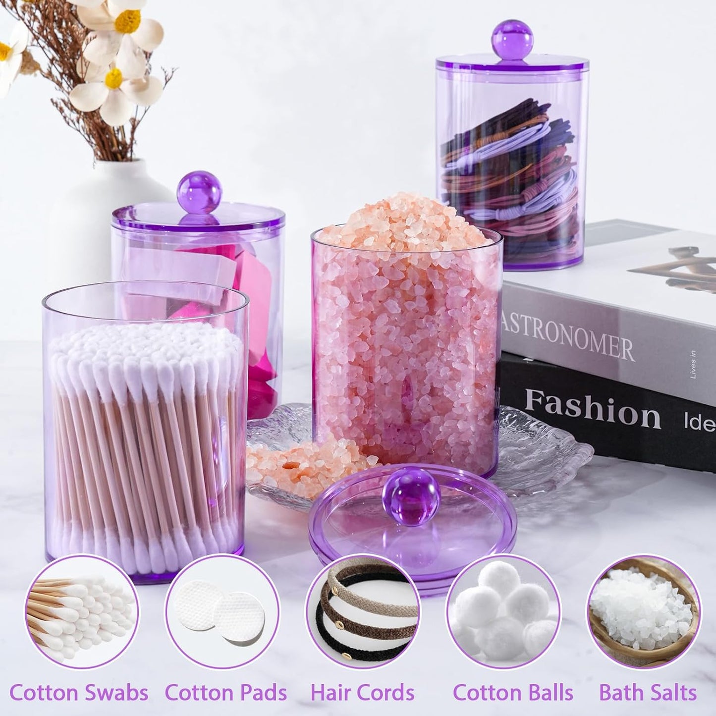 2 Pack Qtip Holder,Canister Apothecary Jar Set, Bathroom Jars with Lids Set for Cotton Swabs, Balls, Pads, Floss Picks,10oz-12oz Plastic Canisters Restroom Bedroom Vanity Organizer(Purple)