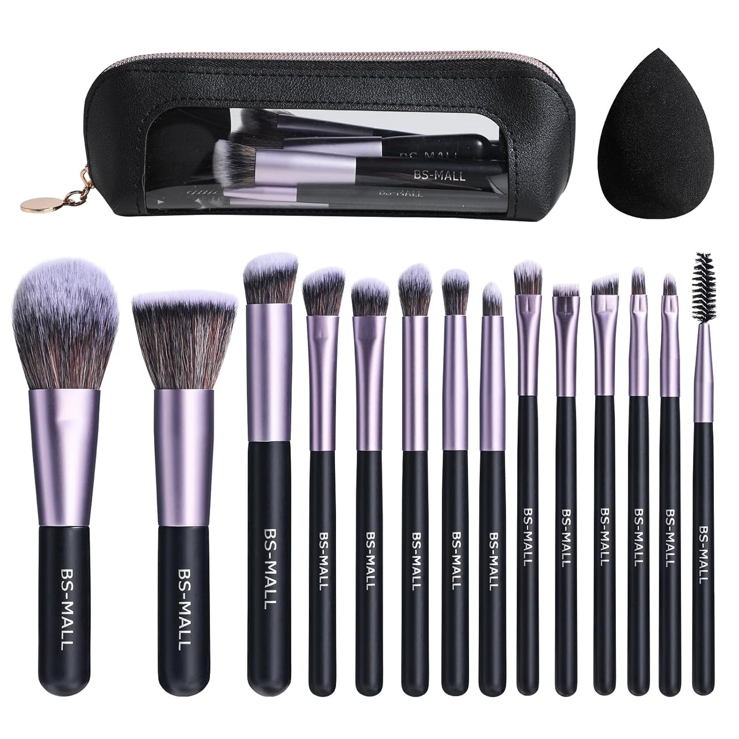 BS-MALL 14 Pcs Makeup Brushes Set with 1 Pcs Makeup Sponge – Essential Foundation Powder Concealers, Eye Shadows, Blush Makeup Brushes with Travel Makeup Case (Purple)