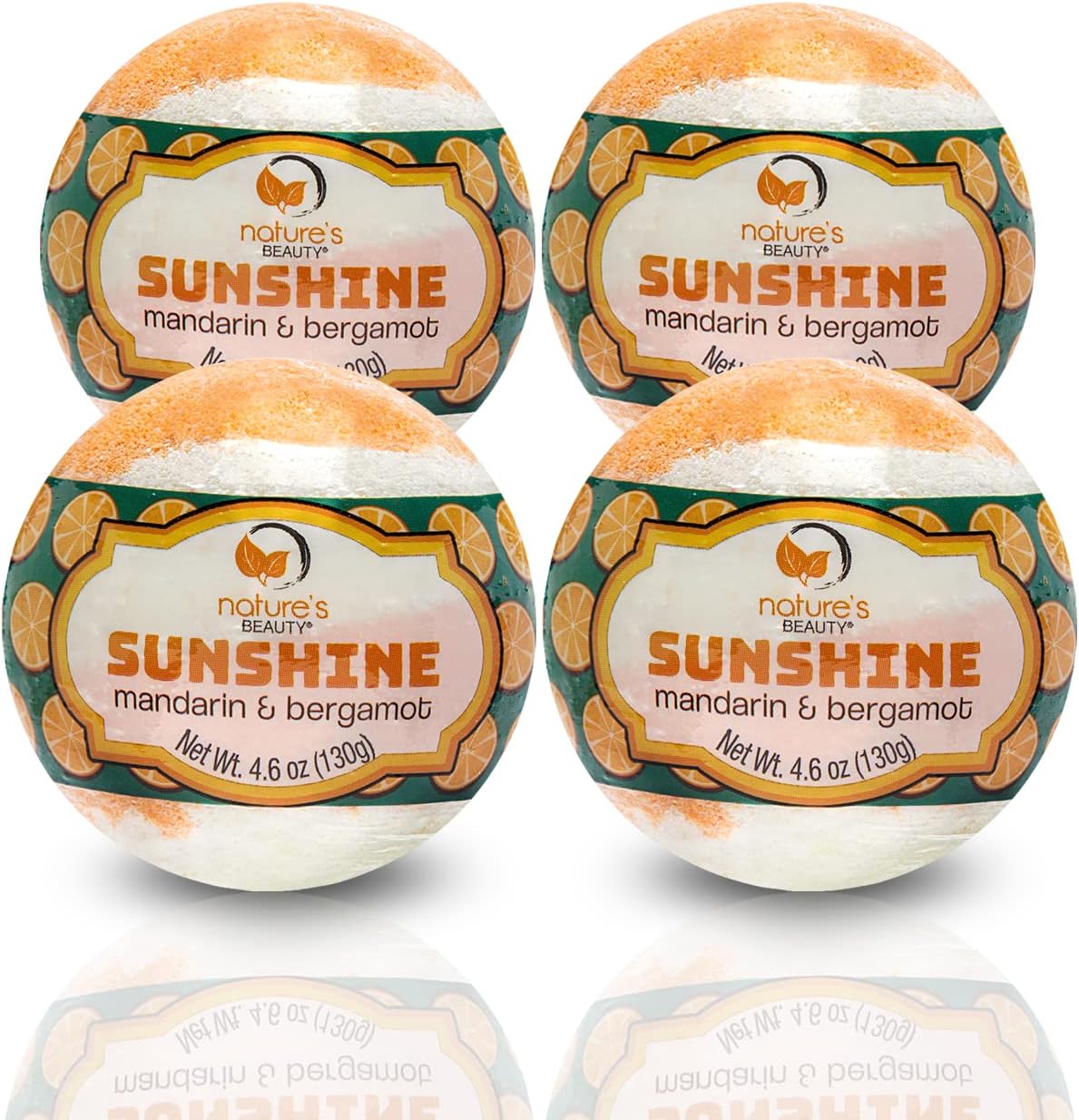 Nature's Beauty Sunshine Mandarin & Bergamot Bath Bomb Multi-Pack - Natural Hand Crafted, Non-Staining, Luxury Fizzy Spa Bomb, Nourishe Dry Skin, Made w/Coconut Oil + VIT. E, 4.6oz (4 Pack)