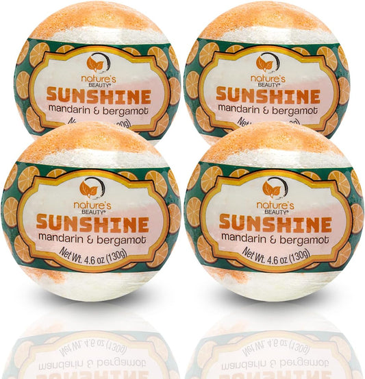Nature's Beauty Sunshine Mandarin & Bergamot Bath Bomb Multi-Pack - Natural Hand Crafted, Non-Staining, Luxury Fizzy Spa Bomb, Nourishe Dry Skin, Made w/Coconut Oil + VIT. E, 4.6oz (4 Pack)
