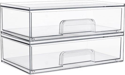 Vtopmart 12.1''W Clear Stackable Storage Drawers,2 Pack Acrylic Plastic Organizers Bins for Makeup Palettes, Cosmetics, and Beauty Supplies,Ideal for Vanity, Bathroom,Cabinet,Desk Organization