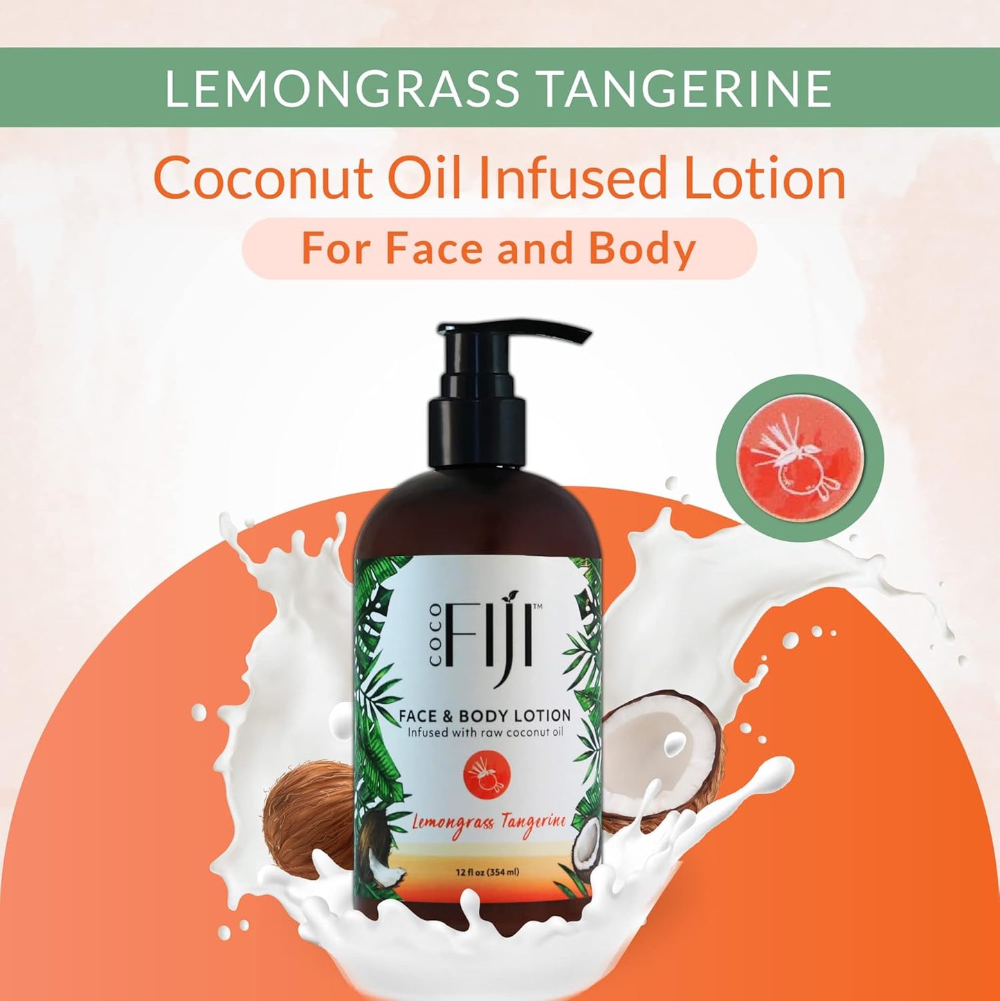 Coco Fiji Face & Body Lotion Infused With Coconut Oil | Lotion for Dry Skin | Moisturizer Face Cream & Massage Lotion for Women & Men | Lemongrass Tangerine 12 oz, Pack of 1