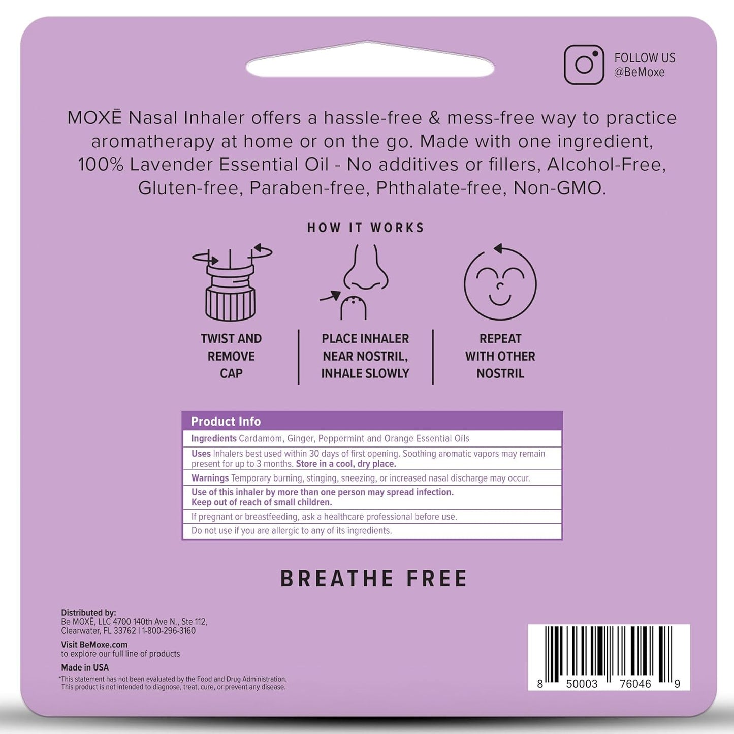 MOXĒ Lavender Essential Oil Nasal Inhaler, Therapeutic No-Mess Aromatherapy, Relaxation, Naturally Calming, Before Sleep Routine, Uplifts Mood, Pure and Undiluted, Made in USA (3 Pack)