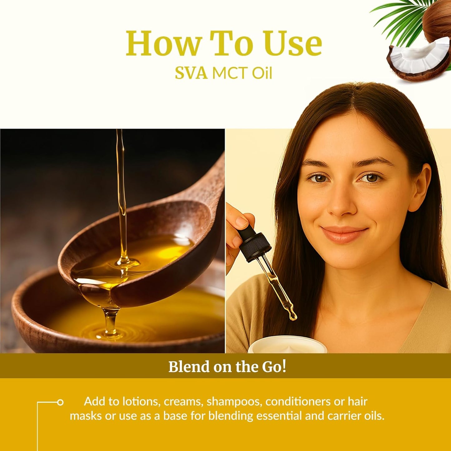 SVA MCT Oil Organic - 16 Fl Oz – 100% Natural Cold Pressed Organic MCT Oil - for Face, Skin Care, Hair Care, Scalp Massage & Body Massage – Carrier Oil