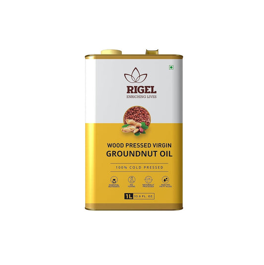 Rigel Spices | Naturally Milled Cold Pressed Peanut Oil in a Eco-Friendly Tin 33.8 fl oz(1L Tin) | No Preservatives