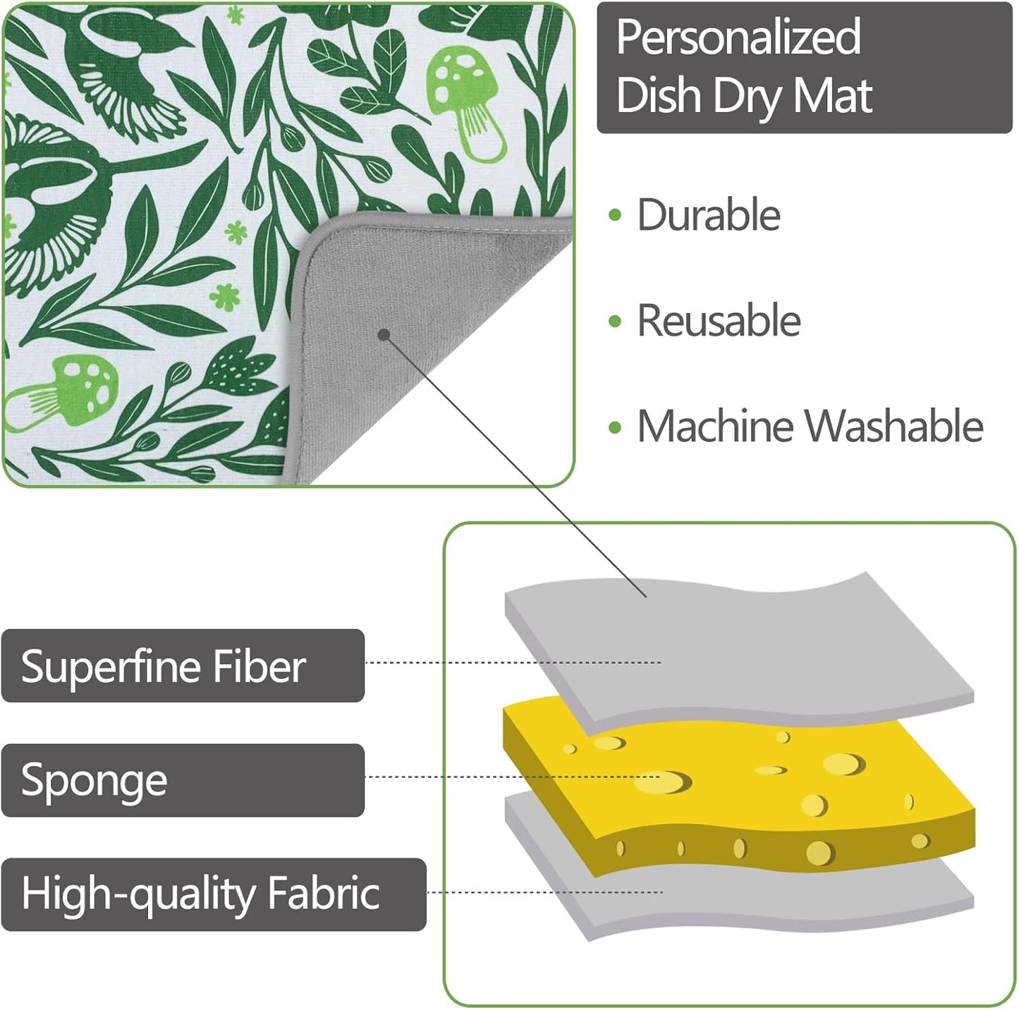 SHIYUE Dish Drying Mat for Kitchen Counter Super Absorbent Spring Kitchen Decor Microfiber Drying Matainers Rack Fast Pad Dish Drainer Mats(Green Flower Bird,16''x18'')