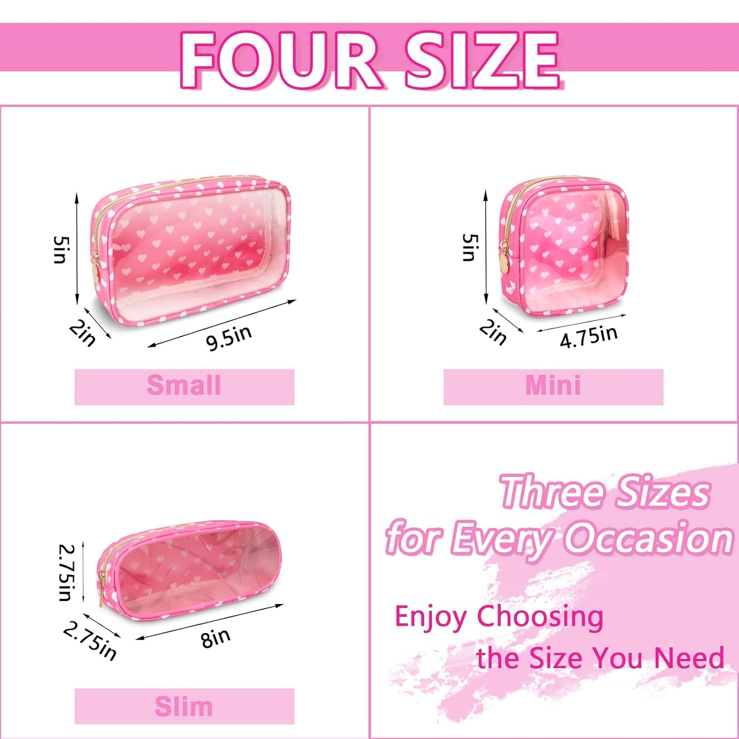 Clear Mini Makeup Bag for Purse, Small Nylon&PVC Cosmetic Travel Bag TSA Approved Toiletry Bag with Zipper, Preppy Transparent Makeup Travel Bag Coin Purse for Women Men Girls(Mini-Pink Heart)