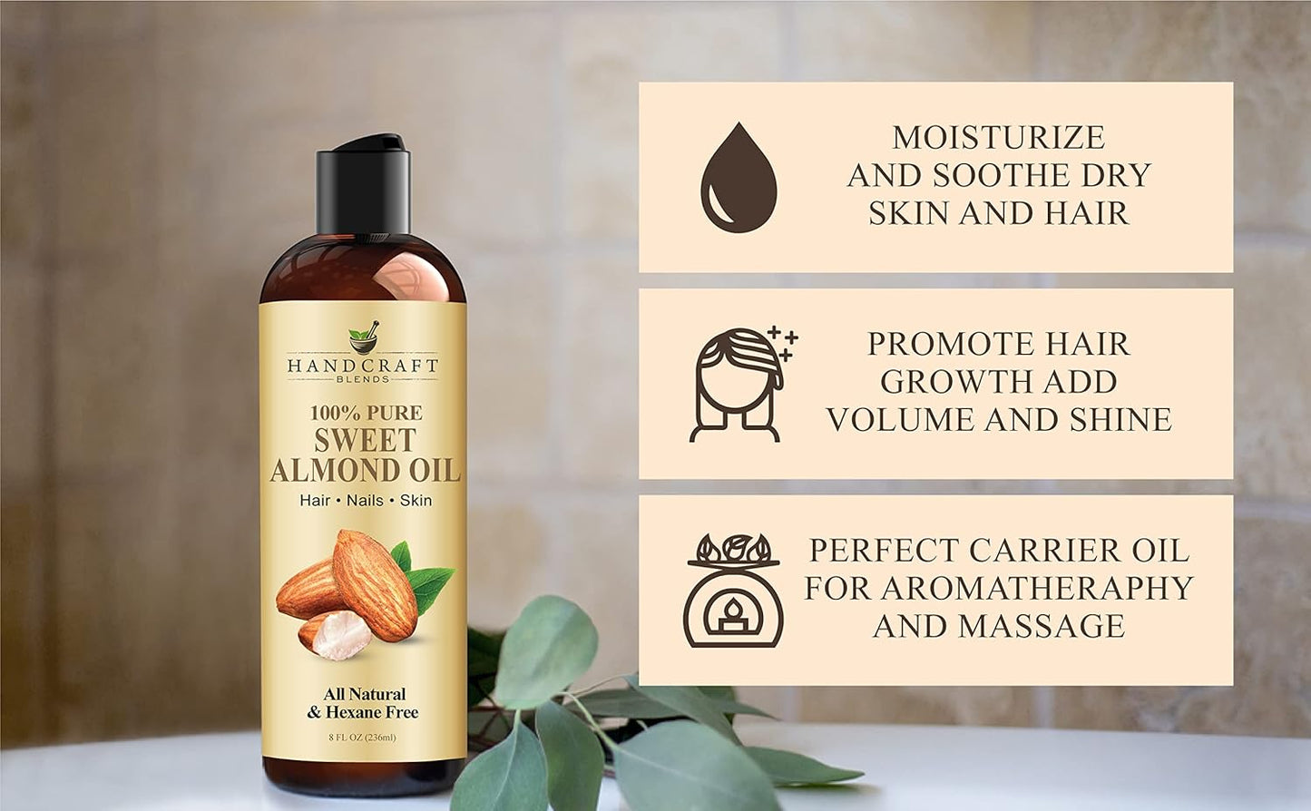 Handcraft Blends Sweet Almond Oil - 8 Fl Oz - 100% Pure and Natural - Premium Grade Carrier Oil for Skin and Hair - Hair and Body - Massage - Hexane-Free