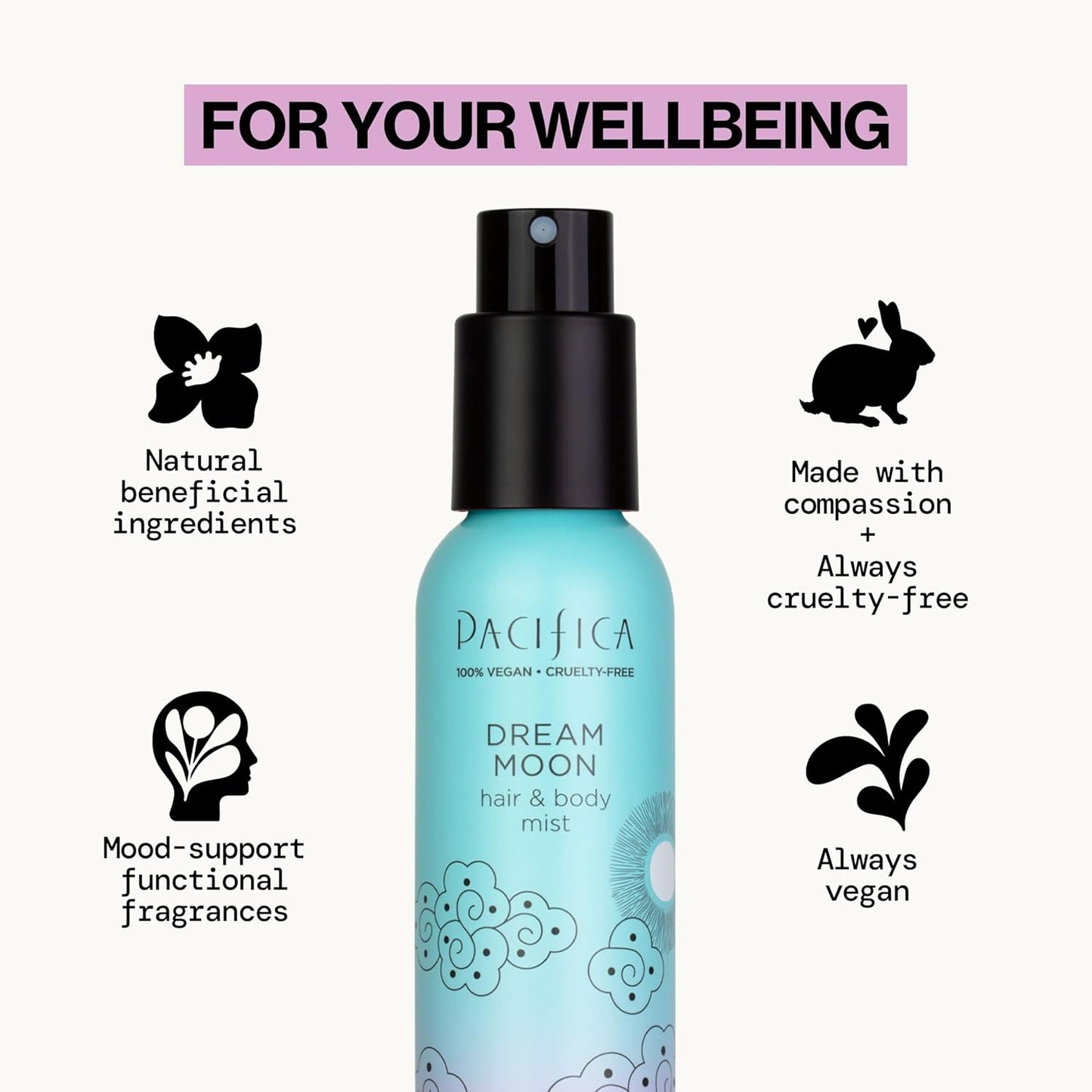 Pacifica Hair Perfume & Body Fragrance Spray Mist - Dream Moon with Bergamot, Pear, Pink Rose, Coconut, Vanilla, Sandalwood & Patchouli – Alcohol-Free, Vegan & Cruelty-Free, 5 oz (1 Count)