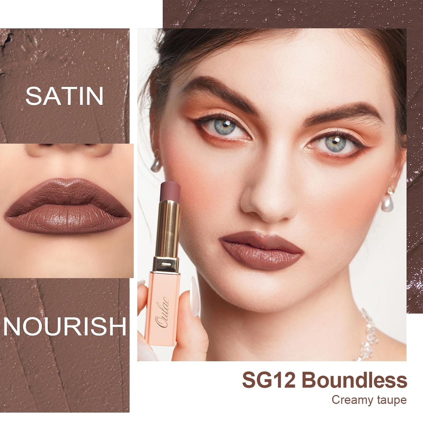 Oulac Color Rich Satin Lipstick - Greyish Brown Full Coverage Lip Color, Creamy Silky-Smooth, Moisturizing, Satin Matte Finish, Infused With Shea Butter, Vegan & Clean Beauty, 4g, SG12 Boundless